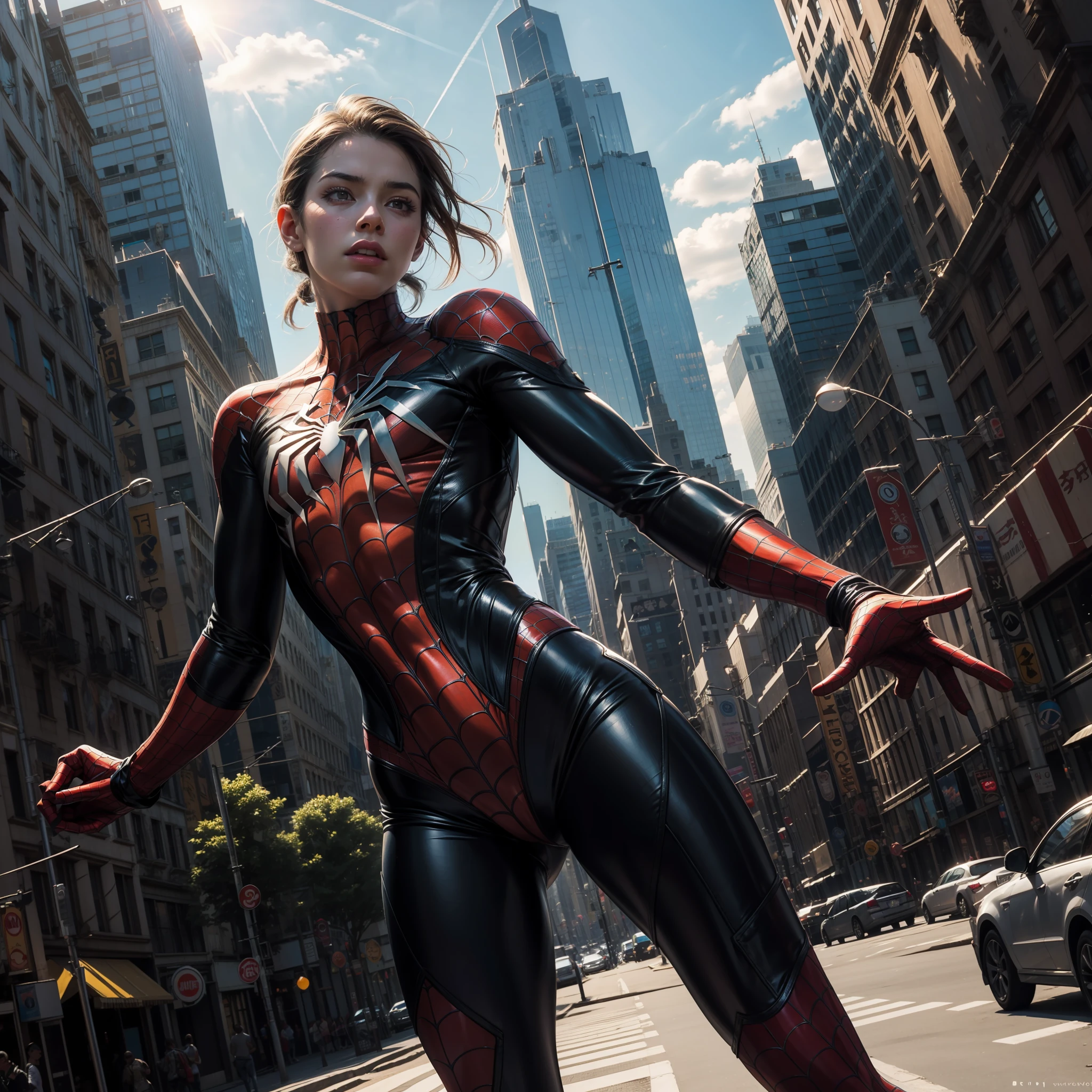 iluminacion profesional, luz solar, iluminacion detallada, cuerpo entero, 8k, obra maestra, ciudad a escala, spiderman a escala, with ultra-detailed technological suit, mezclado con partes ciborg ultra detalladas, mecha spiderman, totalmente futurista, manos detalladas, rostro detallado, ojos detallados, cuerpo delgado muy detallado, saltando por new york