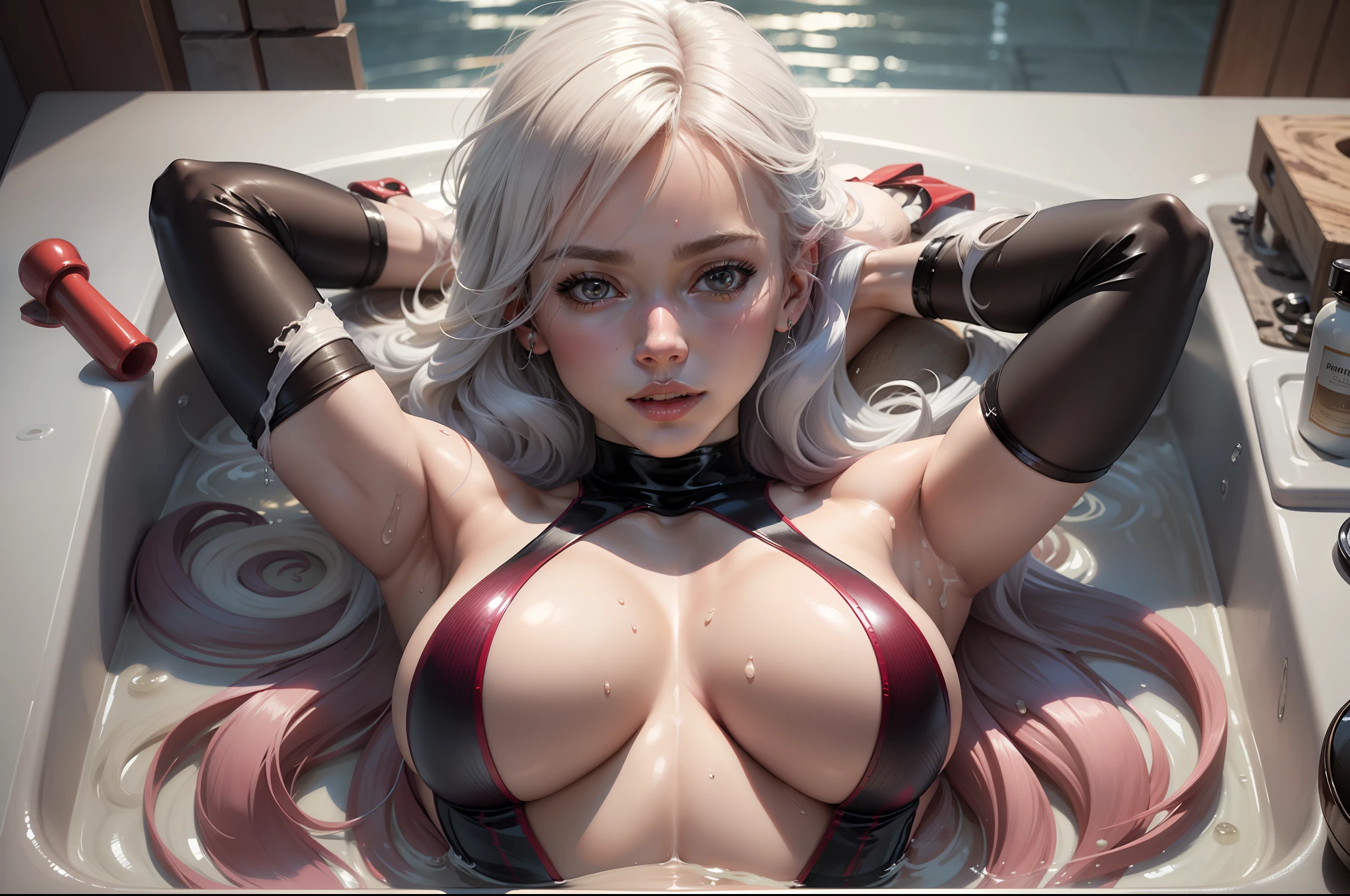 (beste-Qualit, 4k, tmasterpiece :1.3), a handsome female, A hyper-realistic, (attractive body: 1.2), ultra-detailed face, detailed lips, A detailed eye, open neckline, (sparkly skin: 1.2), hanging breast, beste-Qualit, ((body complet, including legs)), 1 Russian girl,multi-colored hair, white colored hair,long red curls, in a bathroom,spread her legs,ruddy,titmouse,Lift the jack,The body in perfect proportions,sharp silhouette,Pink tender,Explicit cleavage,Polyethylene film,tight-fitting,(extremely small breasts: 1.4), Cameltoe, Tits Out, The pervert is exposed,nudity,Sexual suggestiveness,Sexual activity, glittering,Maximum transparency of clothing,transparent leotard,red leotard,wet leotards, lower breast,A well-thought-out body,climax,Authentic skin texture,soaking wet,realistic detailed,Beautiful light and shadow,perfect image quality,extra high resolution, lying on his back, bath, partially submerged in water