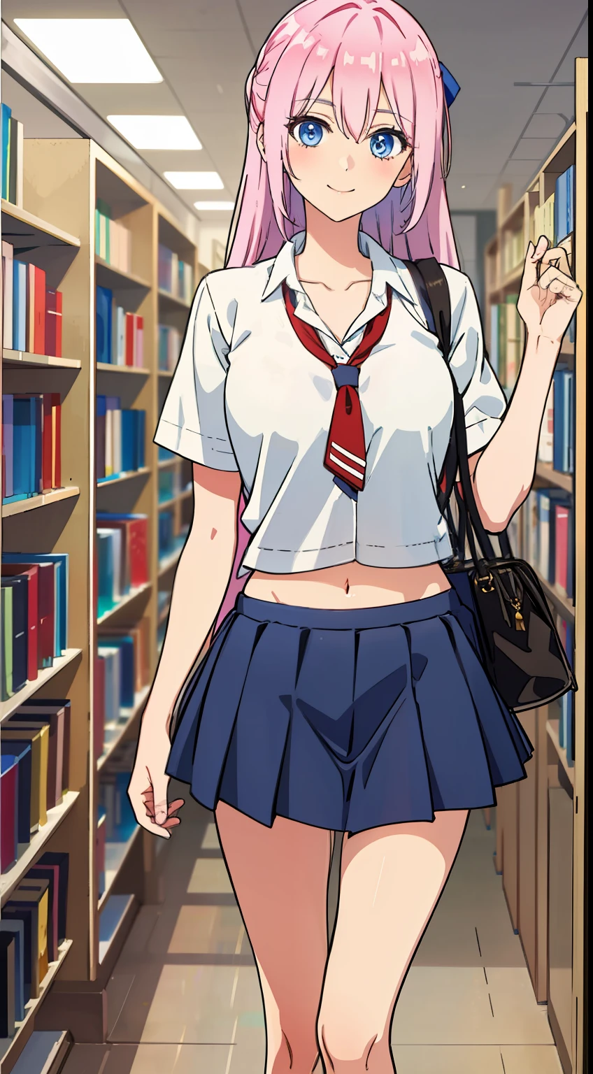 shikimori, slim legs, navel, short skirt, standing, beautiful eyes, blue eyes, happy, school uniform, library