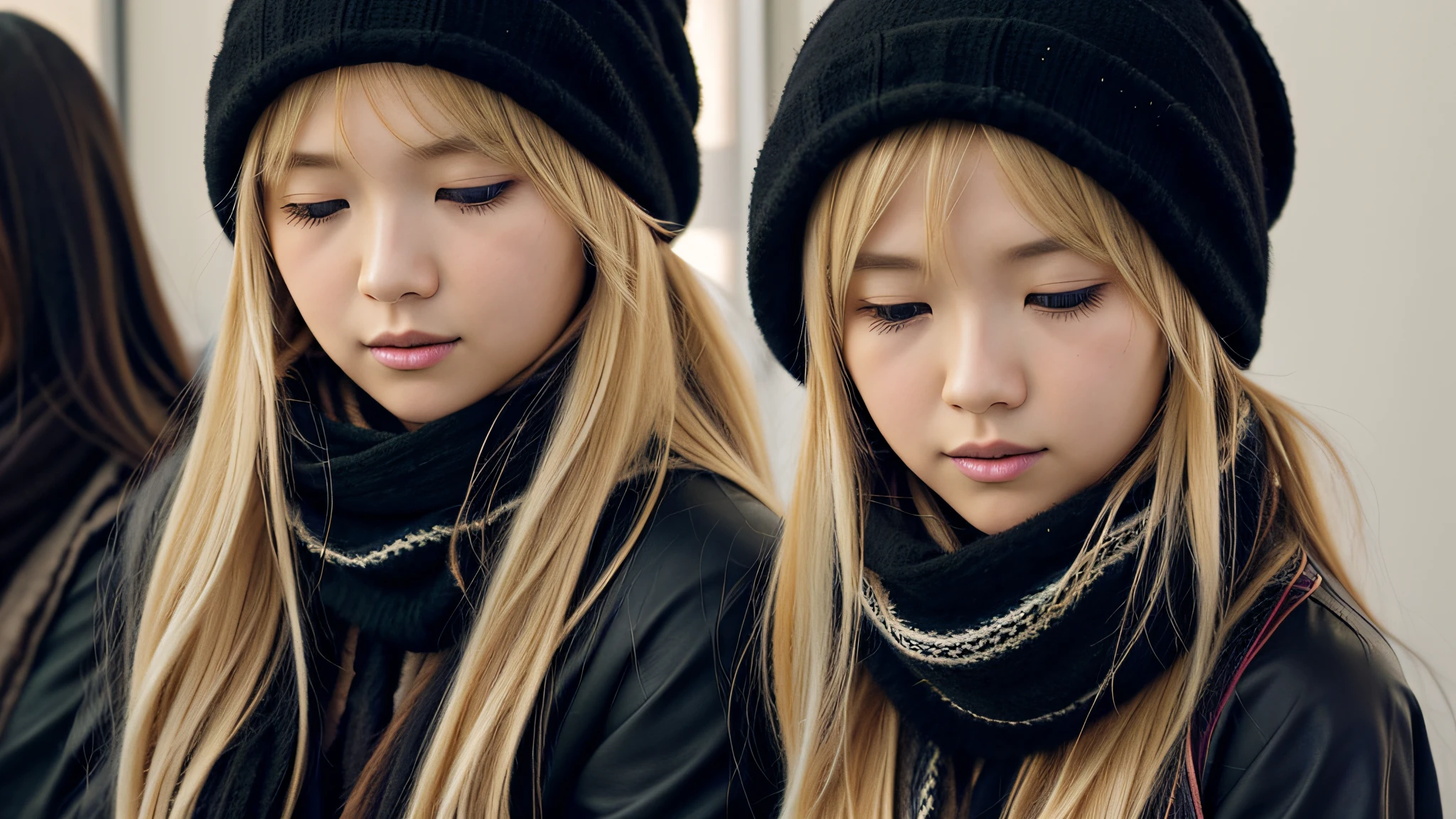 GIRL BLONDE CHILD with long hair wearing a scarf and a hat, sleepy fashion model face, sleepy, sleepy expression, Marisa Kirisame, wearing cute black scarf, prettier, sleeping, sick with a cold, Lalisa Manobal, Misa Amane*, very tired woman, sleeping, Takeyuki Kanda, Lalisa Manoban of blackpink