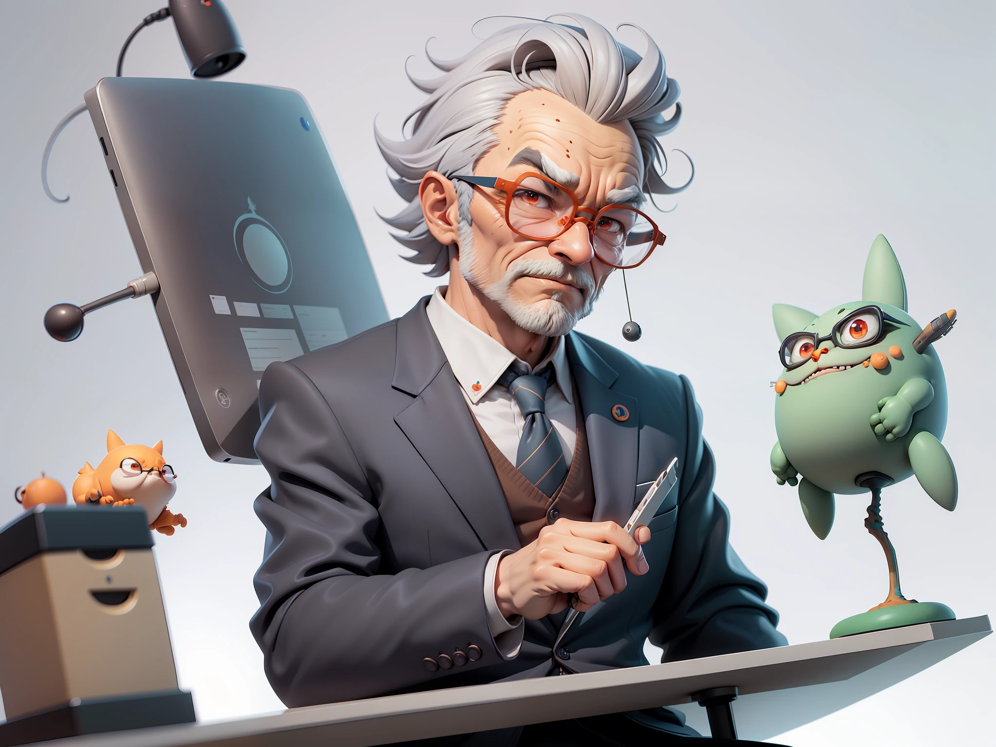 A man in a suit wearing glasses sits at his desk，holding laptop，digitial painting，3D character design by Mark Clairen and Pixar and Hayao Miyazaki and Akira Toriyama，4K HD illustration，Very detailed facial features and cartoon-style visuals。