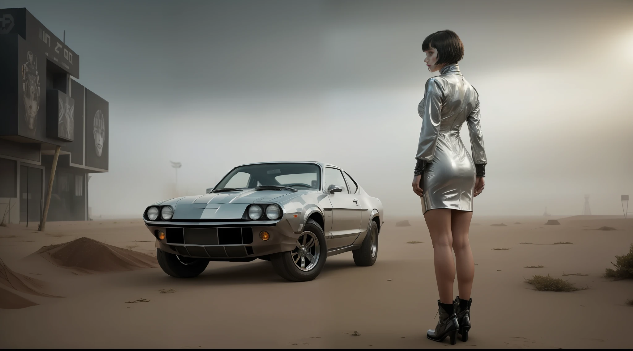 (8k, ARTISTIC photography, best quality, masterpiece: 1.2), (realistic, photorealistic: 1.37) arafed car with a cyber punk Corporate Executive, Black Girl ( short silver hair) standing next to it in the fog, (( dressed in a chrome amour dress )), concept art inspired by roger deakins,(((pure 8K))), (((perfect anatomy))), extremely high-quality graphics, tumblr, conceptual art, in the movie blade runner 2049, blade runner 2049 film, bladerunner car, blade runner 2049 style, style of blade runner 2049