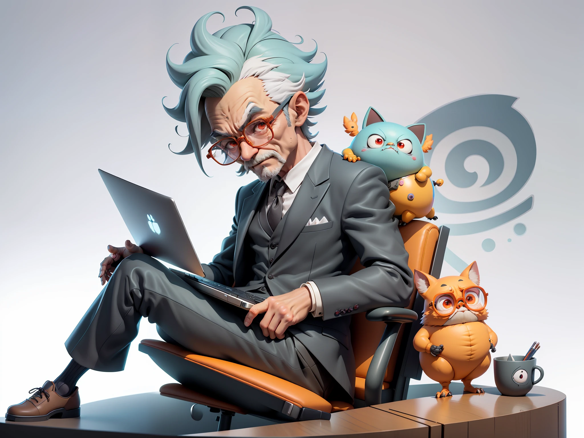 A man in a suit wearing glasses sits at his desk，holding laptop，digitial painting，3D character design by Mark Clairen and Pixar and Hayao Miyazaki and Akira Toriyama，4K HD illustration，Very detailed facial features and cartoon-style visuals。