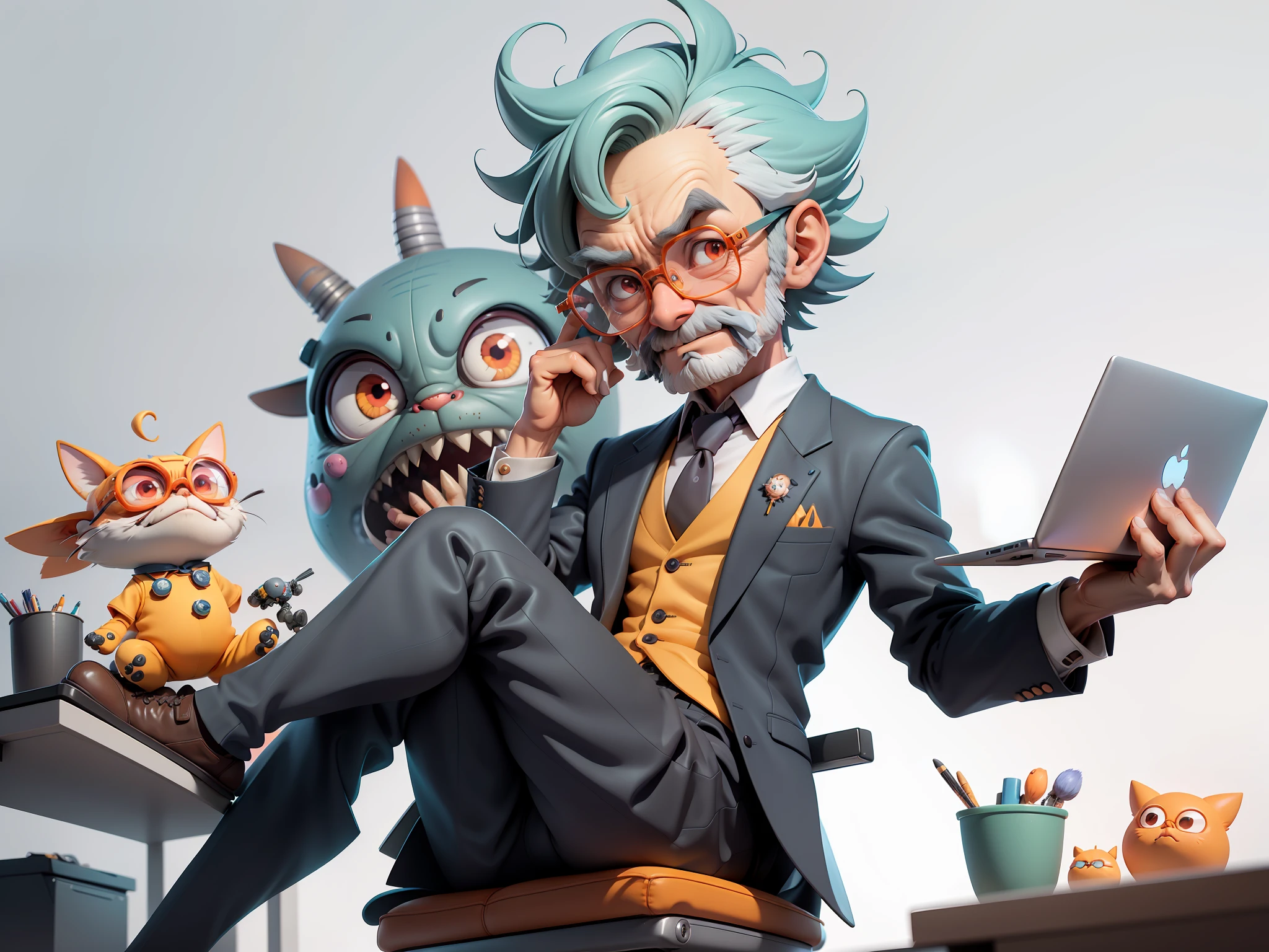 A man in a suit wearing glasses sits at his desk，holding laptop，digitial painting，3D character design by Mark Clairen and Pixar and Hayao Miyazaki and Akira Toriyama，4K HD illustration，Very detailed facial features and cartoon-style visuals。