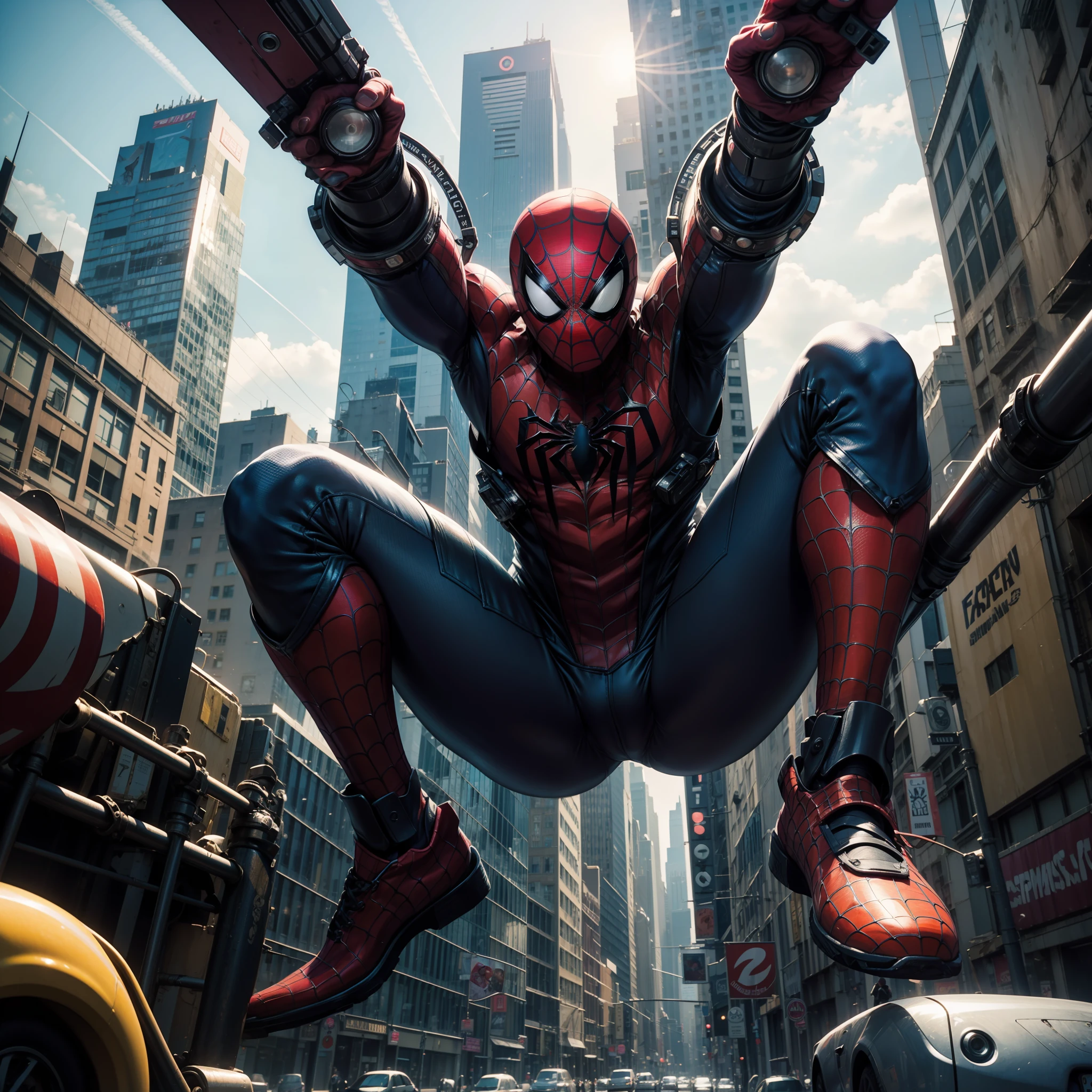 iluminacion profesional, luz solar, iluminacion detallada, cuerpo entero, 8k, obra maestra, ciudad a escala, spiderman a escala, with ultra-detailed technological suit, mezclado con partes ciborg ultra detalladas, mecha spiderman, totalmente futurista, manos detalladas, rostro detallado, ojos detallados, cuerpo delgado muy detallado, saltando por new york