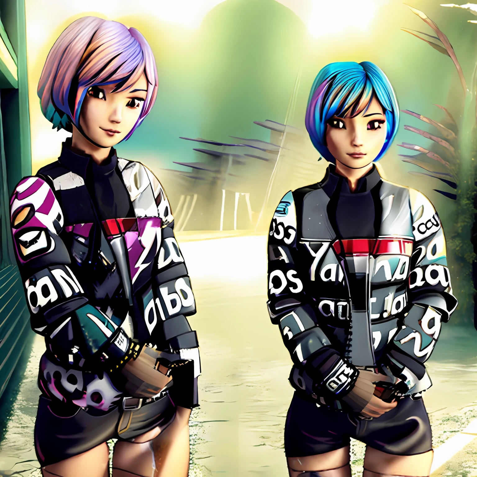 SabineWren, realistic, (photorealistic), (multicolored hair), aqua hair, 1girl, masterpiece, best quality, dynamic lighting, highly detailed, 8k, , short hair dripjacket
own hands together