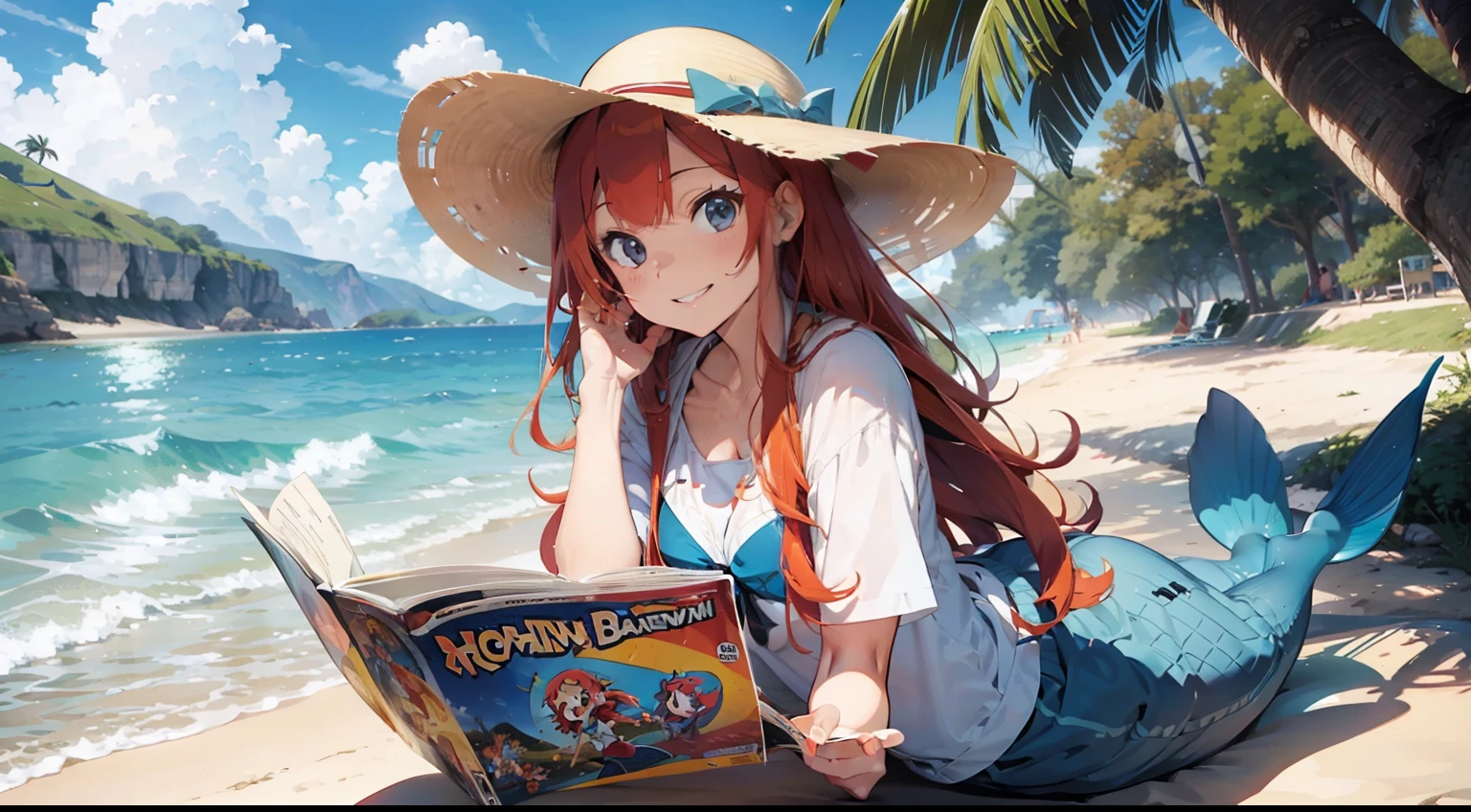 long redhead female mermaid fish tail, reading comic book at the beach, blue sky, wearing a sun hat smiling, animated, anime, cartoon, anime, animated.