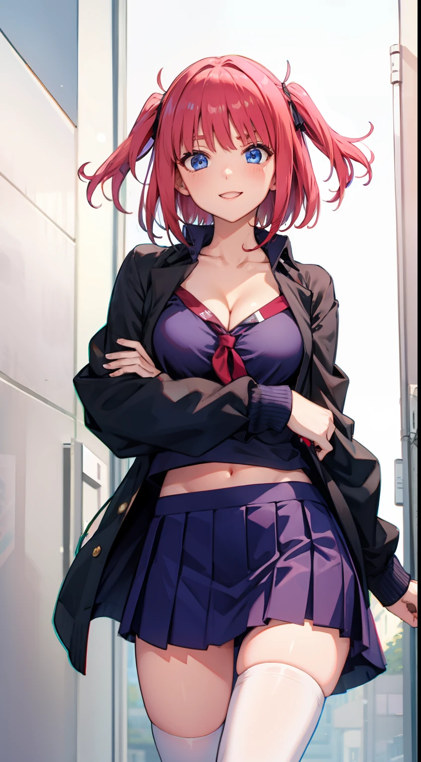 nakano nino, short hair, medium breast, slim legs, happy, cleavage, short skirt, navel, blue eyes, school uniform, thigh high socks, standing, class, pink hair