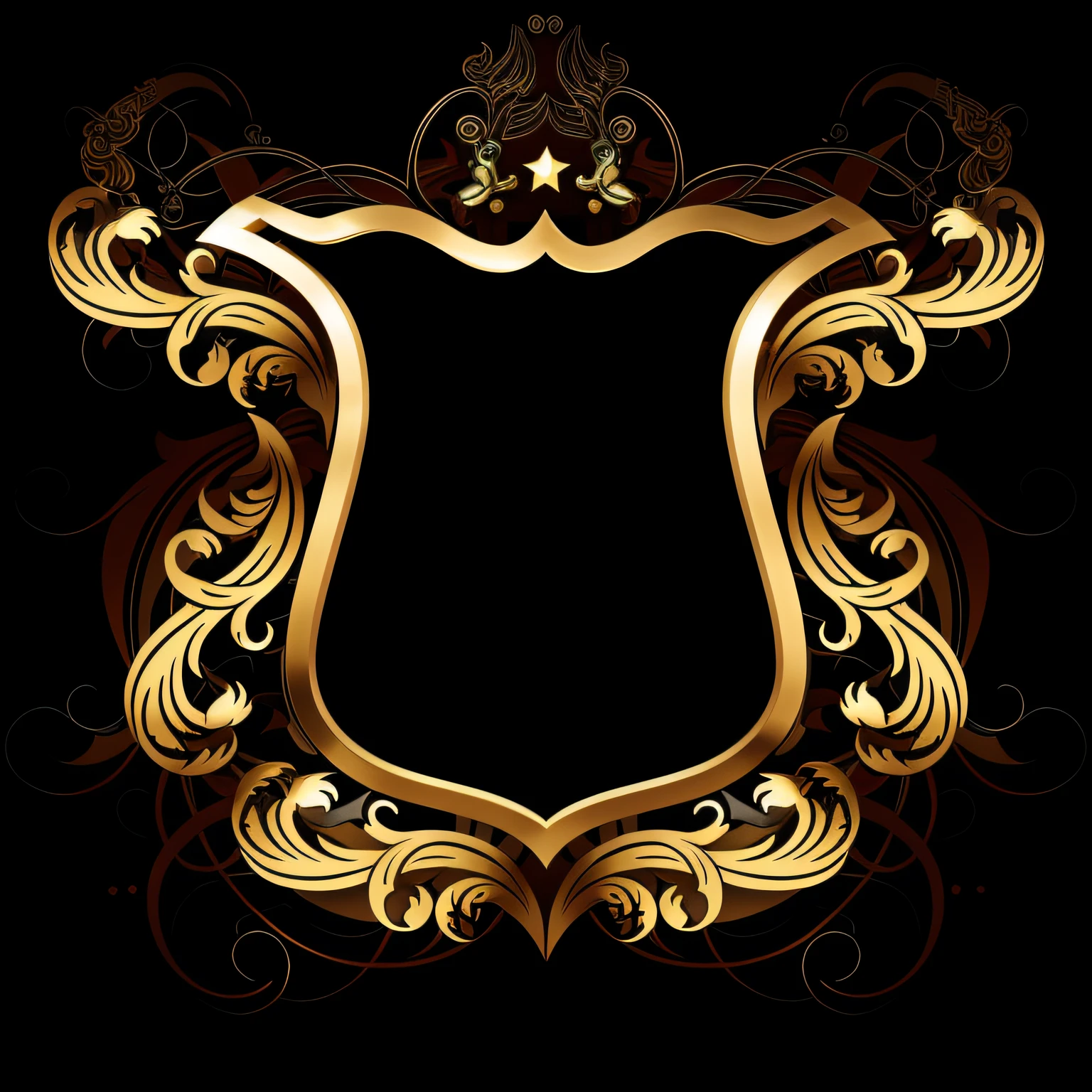 um close up de um escudo de ouro com uma coroa sobre ele, emblemaa do escudo, moldura ornamentada, design do escudo, borda dourada ornamentada, escudo de fantasia, ouro ornamentado, fundo dourado ornamentado, escudo, emoldurado a ouro, emblema, royal insignia in background, moldura dourada, ouro preto, Sheild, metal shielding, crista de metal afiada, ornado, coat of arms, moldura de borda ornamentada
