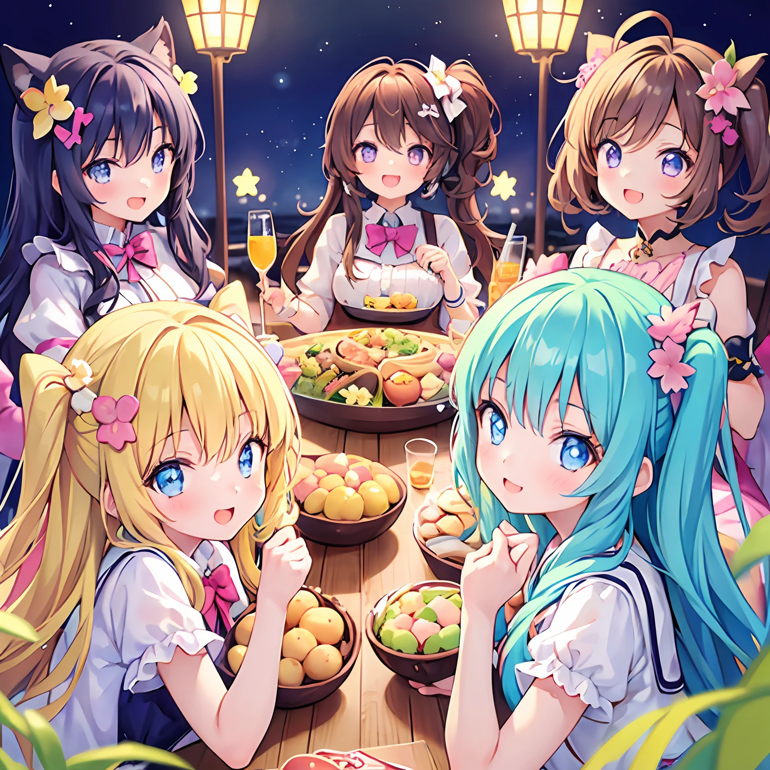 masterpiece, (2girls and 2girls and 2girls and 2girls at the table), idol, big eyes, kawaiitech, kawaii, cute, pastel colors, best quality, happy, deep background, symmetrical, tilted head, summer, night