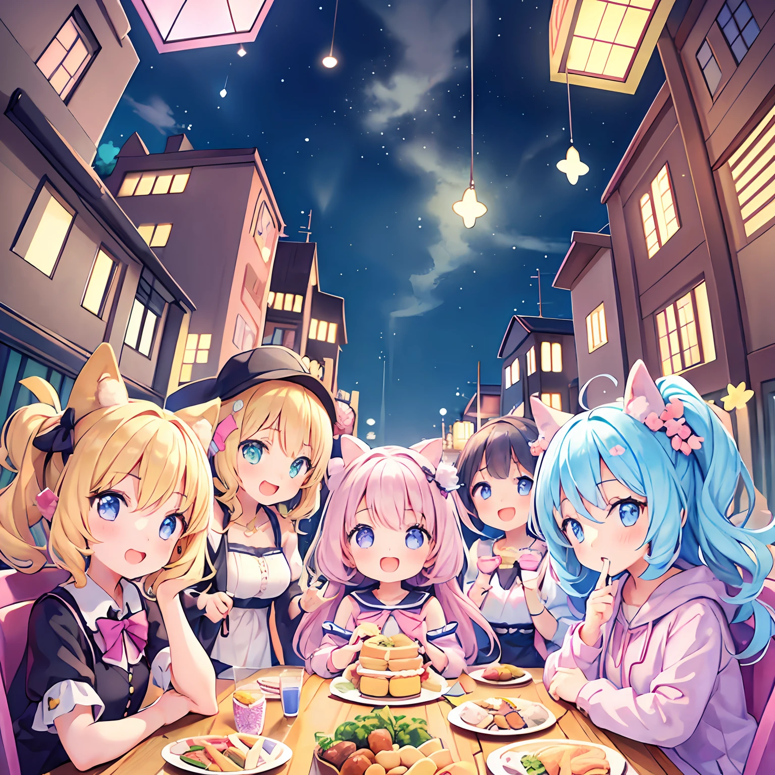 masterpiece, (2girls and 2girls and 2girls and 2girls at the table), idol, big eyes, kawaiitech, kawaii, cute, pastel colors, best quality, happy, deep background, symmetrical, tilted head, summer, night
