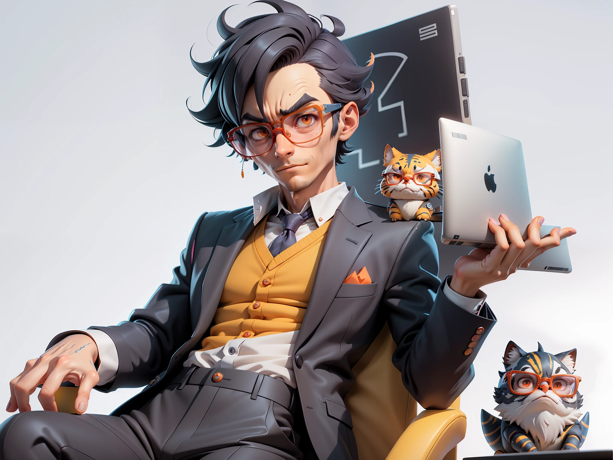 A young man in a suit, short hair and glasses sits at his desk,holding laptop,digitial painting,tigre,3D character design by Mark Clairen and Pixar and Hayao Miyazaki and Akira Toriyama,4K HD illustration,Very detailed facial features and cartoon-style visuals。
