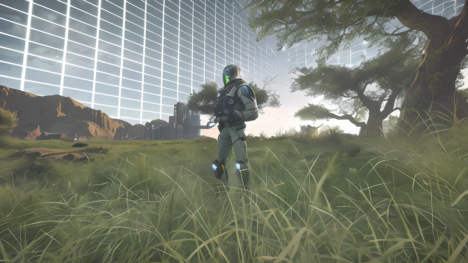 There was a man standing in a field with a backpack on his back, on an alien grassland, next to some alien plants, In the cyberpunk countryside, in front of a sci fi cityscape, discarded mechsuit in background, clothed in sci-fi military armor, standing in tall grass, alien forest in background, standing in grassy field, standing in wasteland