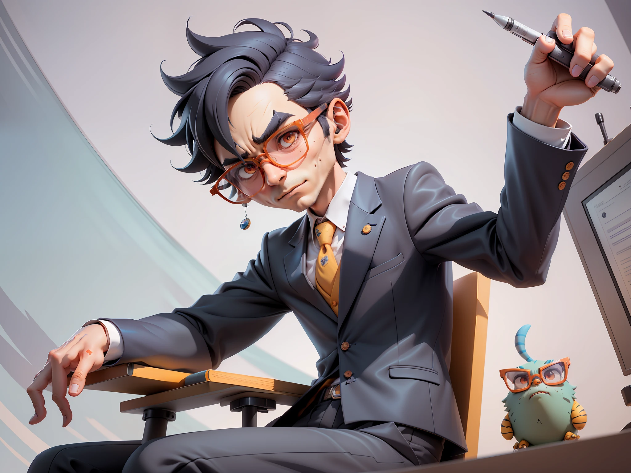 A young man in a suit, short hair and glasses sits at his desk，holding laptop，digitial painting，tigre，3D character design by Mark Clairen and Pixar and Hayao Miyazaki and Akira Toriyama，4K HD illustration，Very detailed facial features and cartoon-style visuals。