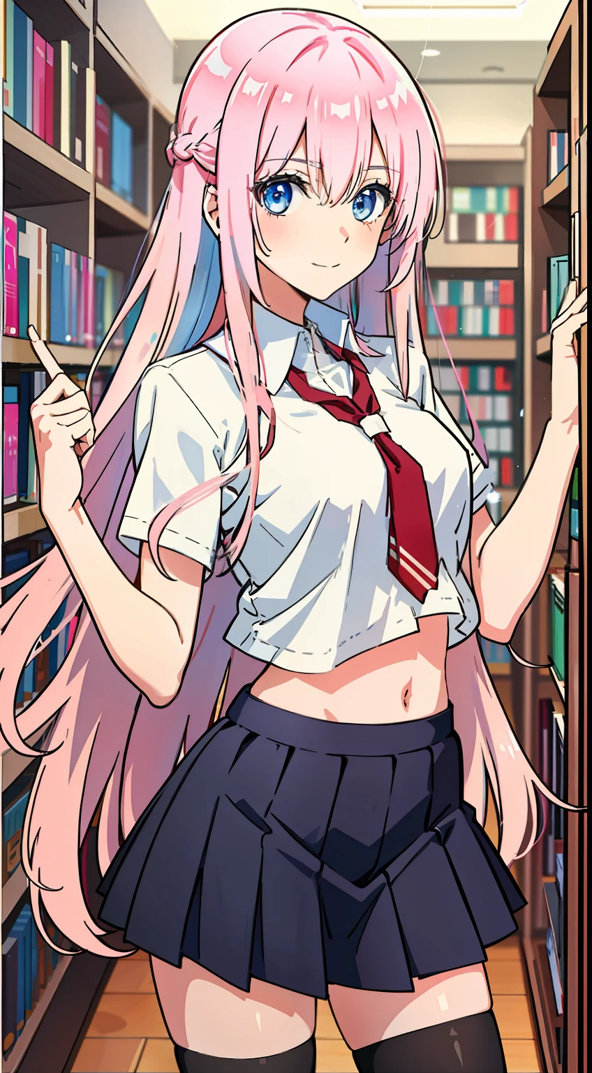 shikimori, slim legs, navel, short skirt, standing, beautiful eyes, blue eyes, happy, school uniform, library, pink hair, long hair