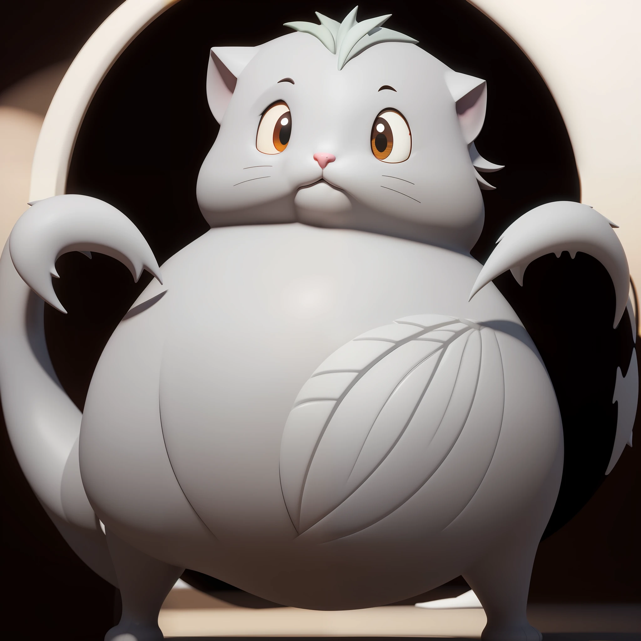 There is a statue of a white cat with a leaf on its back, fat chibi grey cat, Guibli. rendering by octane, pouty look :: rendering by octane, smooth 3d cg render, c 4 d ", 3D model of a Japanese mascot, high res render, rendered in arnold engine, cute 3 d render, ambient occlusion render, rendered in keyshot