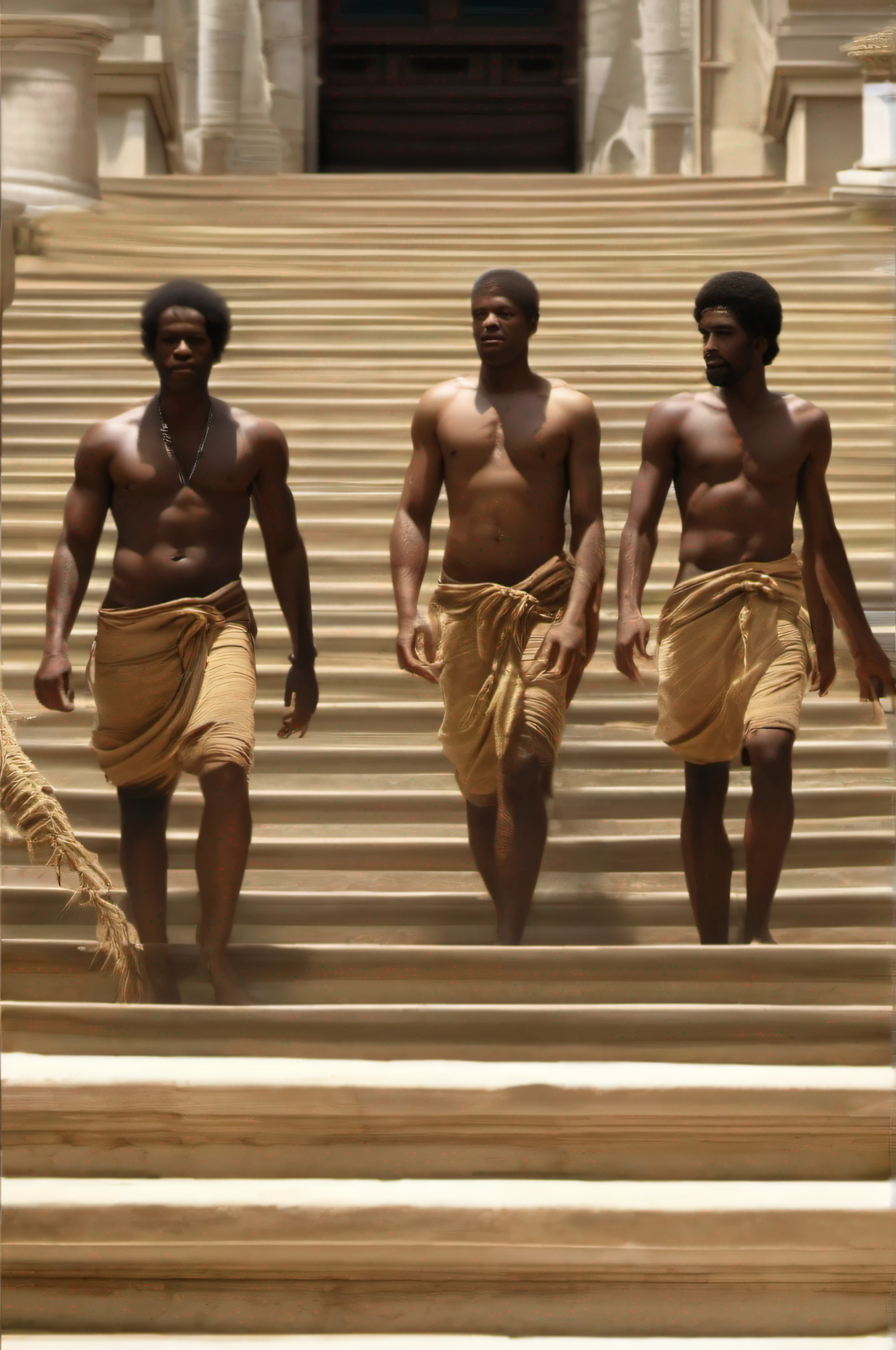 Five naked African slaves walking down a flight of stairs, tristesse dans ses yeux, corps entier nu, no clothing, pas de coiffe, cheveux noirs, Dynamic scene from the movie Amistad, looking at the 50mm camera, Realistic photo HD, Diffuse light, Rebel Republic Environment, , hyper detailed, Whole size