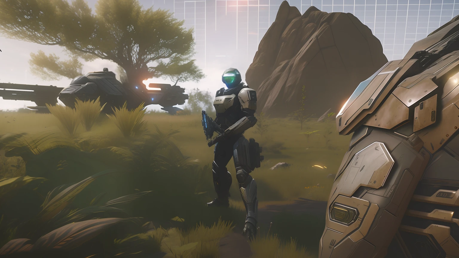 There was a man standing in the field with a gun, next to some alien plants, discarded mechsuit in background, clothed in stealth armor, star citizen halo, clothed in sci-fi military armor, With a sci-fi rifle, Before the final elimination, with futuristic gear and helmet, with leviathan axe, Turian, gameplay screenshot with ui