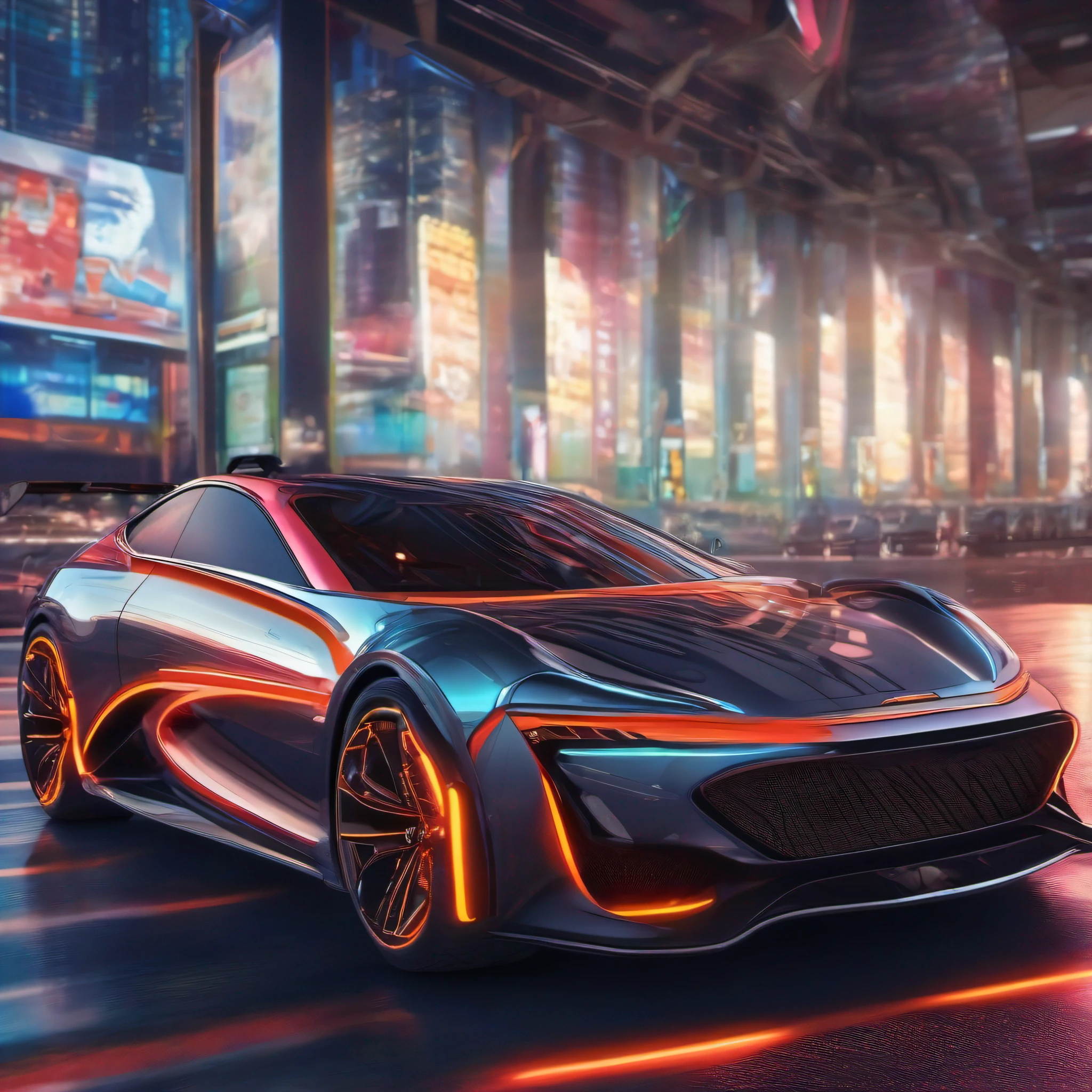 "carro esportivo, ultra detalhado, cores vibrantes, raios cinza e luzes neon extremamente brilhosos, moderno e futurista."