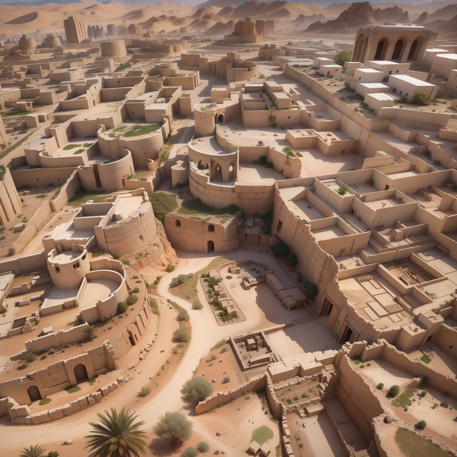 aerial view, natural lightting, the biblical city of Jericho in the middle of the desert, concentric double walls, irregular constructions inside the walls, torres defensivas nas muralhas, Biblical architecture, arquitetura cananeia, um rio localizado a oeste da cidade, cidade torta, muralhas irregulares, 4k, HDR