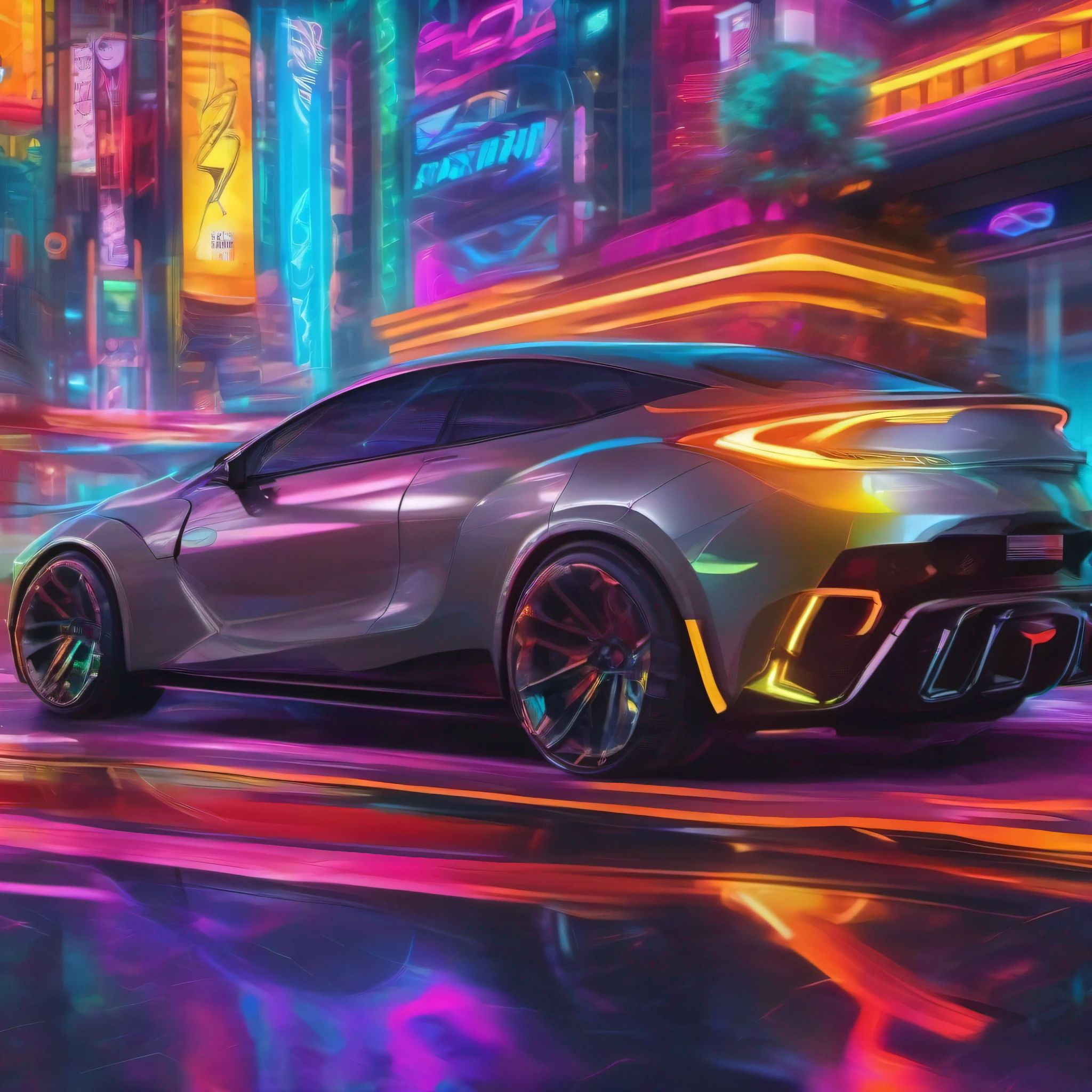 "carro esportivo, ultra detalhado, cores vibrantes, raios cinza e luzes neon extremamente brilhosos, moderno e futurista."
