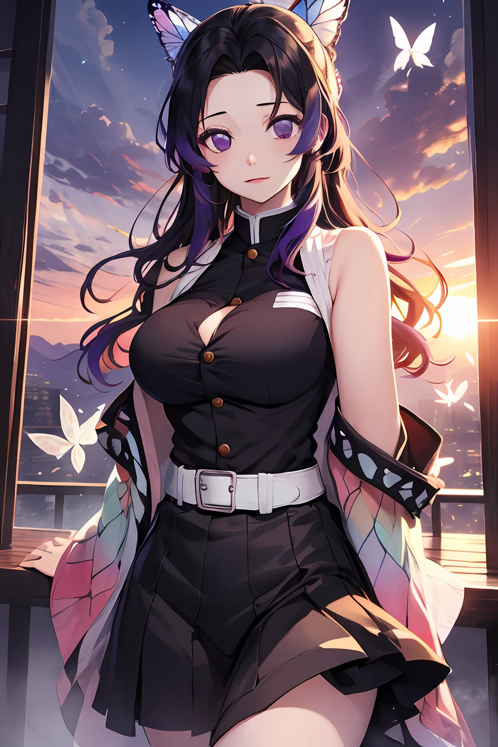 Kochou Shinobu, 1girl,masterpiece, multicolored hair,sleeveless, purple eyes, black jacket,black skirt,uniform, white haori, , multiple butterflies, , laked sunset, lens flare, perfect lighting, highest quality, hands behind, thick thighs, large breasts, big cleavage, highest quality, high resolution.