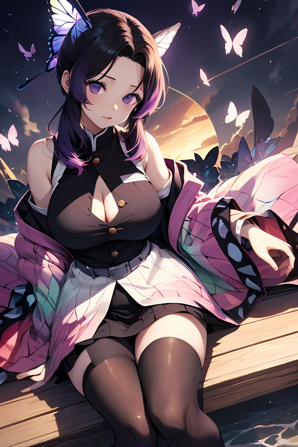 Kochou Shinobu, 1girl,masterpiece, multicolored hair,sleeveless, purple eyes, black jacket,black skirt,uniform, white haori, , multiple butterflies, , laked sunset, lens flare, perfect lighting, highest quality, hands behind, thick thighs, large breasts, big cleavage, highest quality, high resolution.