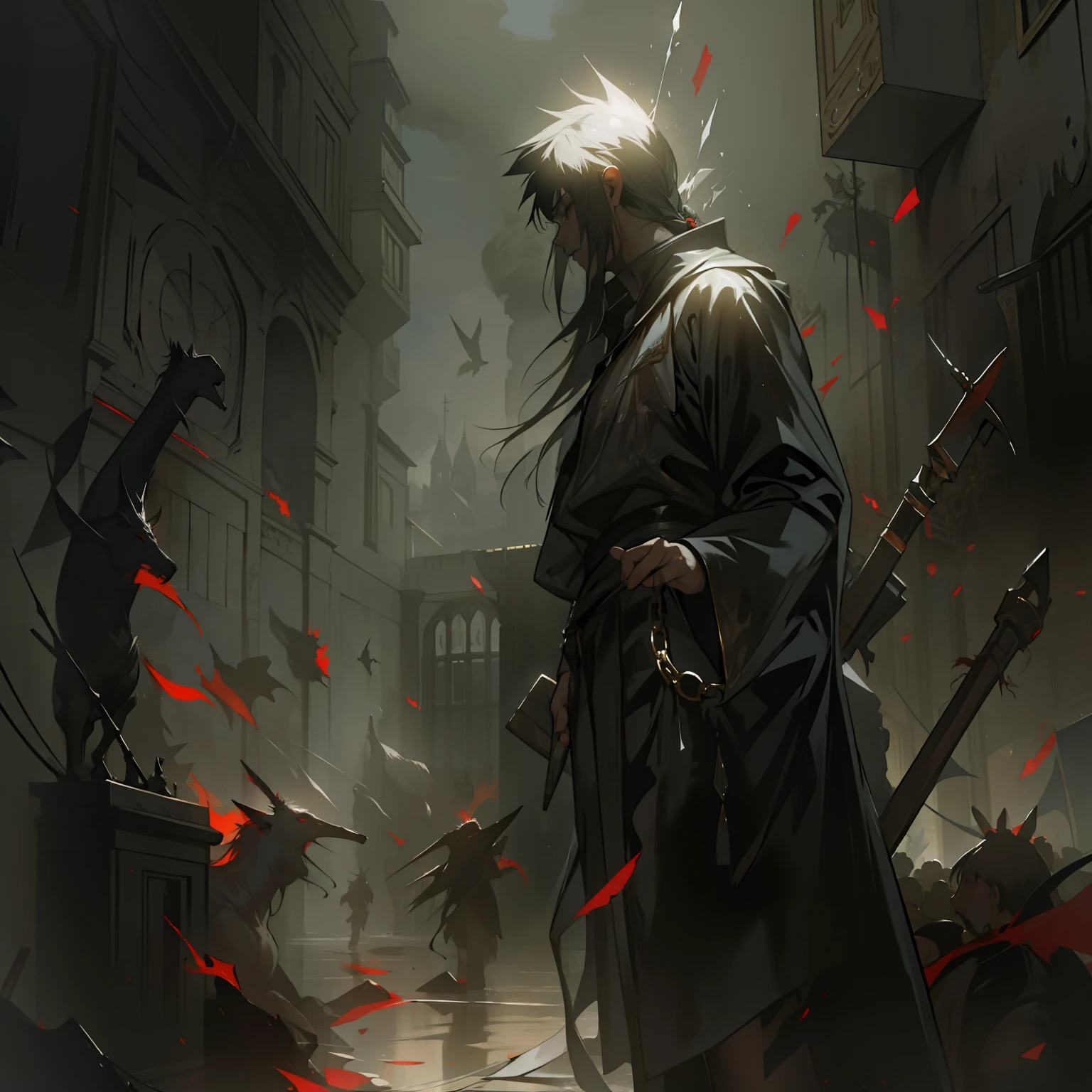 Sangre para el Dios de la Sangre! Dios de la guerra !, arte de Bastien Lecouffe-Deharme y Franz Kline, Light Volumetric, detalles finos, atmospheric, foco nítido, Filo,fondo en llamas,fondo intrincado,muchos detalles