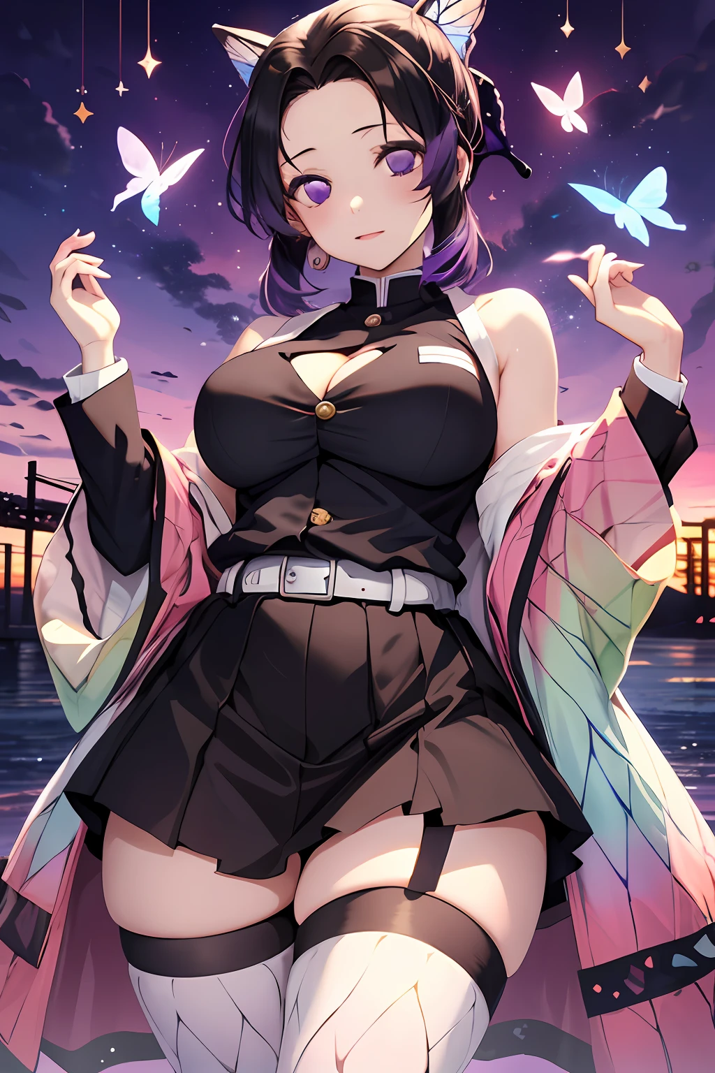 Kochou Shinobu, 1girl,masterpiece, multicolored hair,sleeveless, purple eyes, black jacket,black skirt,uniform, white haori, , multiple butterflies, , laked sunset, lens flare, perfect lighting, highest quality, hands behind, thick thighs, large breasts, big cleavage, highest quality, high resolution.