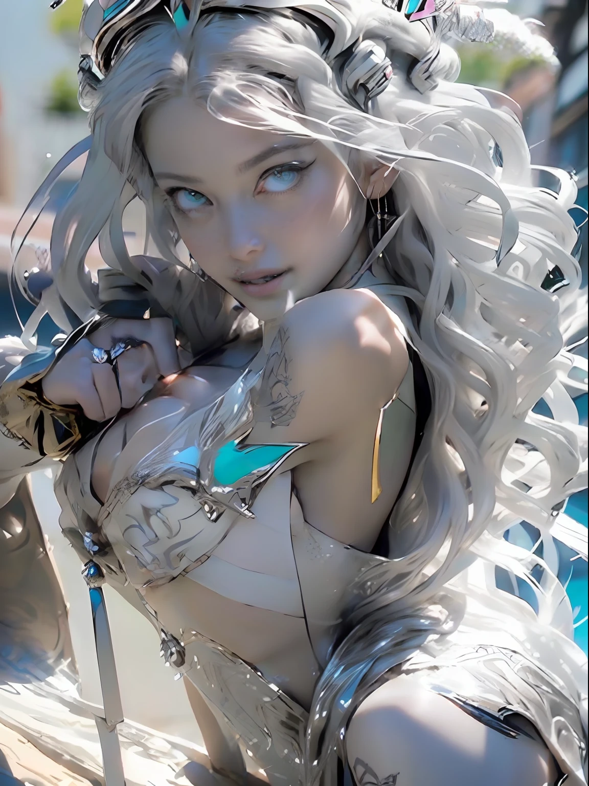 Ultra-detailed complex 3D rendering of the face, (masterpiece, top quality, octane rendering,), glamour shots full body image, very beautiful young elves, , (highly detailed skin: 1.2), (exposure: 1.1), ((blue micro bikini: 1.95)))). , 8k, (((very soft breasts)onspicuous large pink areola)), beautaucasian woman with white skin with full soft breasts with big buttne, long braided g breasts, dynamic angles, (((huge.4)), ultra-realistic photos, ((((((sair)))), futuristic urban background, facial muscles, (((((detailed and glamorous silver crown)))), In the style of Marvel Comics, ArtStation Trends, Clear Focus, Intricate Details, Very Detailed, Detailed Green Eyes, Sharp Focus, Digital Rendering, Professional, Abs, Lip Gloss, Glossy Skin, Sexy Pose, Golden Tattoo All Over Body, Silver Patternl Over Body, Silver Lame Skin, Gold Glitter Skin, Mansuji, Buttocks, Jeweled All Over the Body, with silver scales, air,