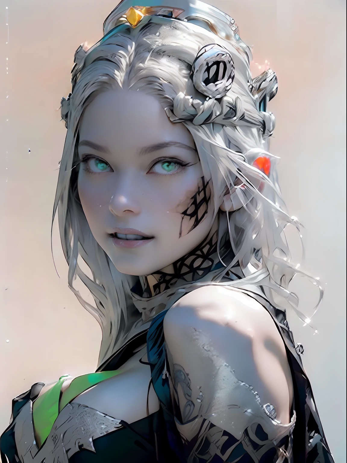 Ultra-detailed complex 3D rendering of the face, (masterpiece, top quality, octane rendering,), glamour shots full body image, very beautiful young elves, cleavage, (highly detailed skin: 1.2), (exposure: 1.1), ((blue micro bikini: 1.95)))). , 8k, (((very soft breasts)), (((conspicuous large pink areola)), beautiful Caucasian woman with white skin with full soft breasts with big buttocks, one, long braided hair, big breasts, dynamic angles, (((huge breasts: 2.4)), ultra-realistic photos, ((((((silver hair)))), futuristic urban background, facial muscles, (((((detailed and glamorous silver crown)))), In the style of Marvel Comics, ArtStation Trends, Clear Focus, Intricate Details, Very Detailed, Detailed Green Eyes, Sharp Focus, Digital Rendering, Professional, Abs, Lip Gloss, Glossy Skin, Sexy Pose, Golden Tattoo All Over Body, Silver Pattern All Over Body, Silver Lame Skin, Gold Glitter Skin, Mansuji, Buttocks, Jeweled All Over the Body, with silver scales, silver hair,
