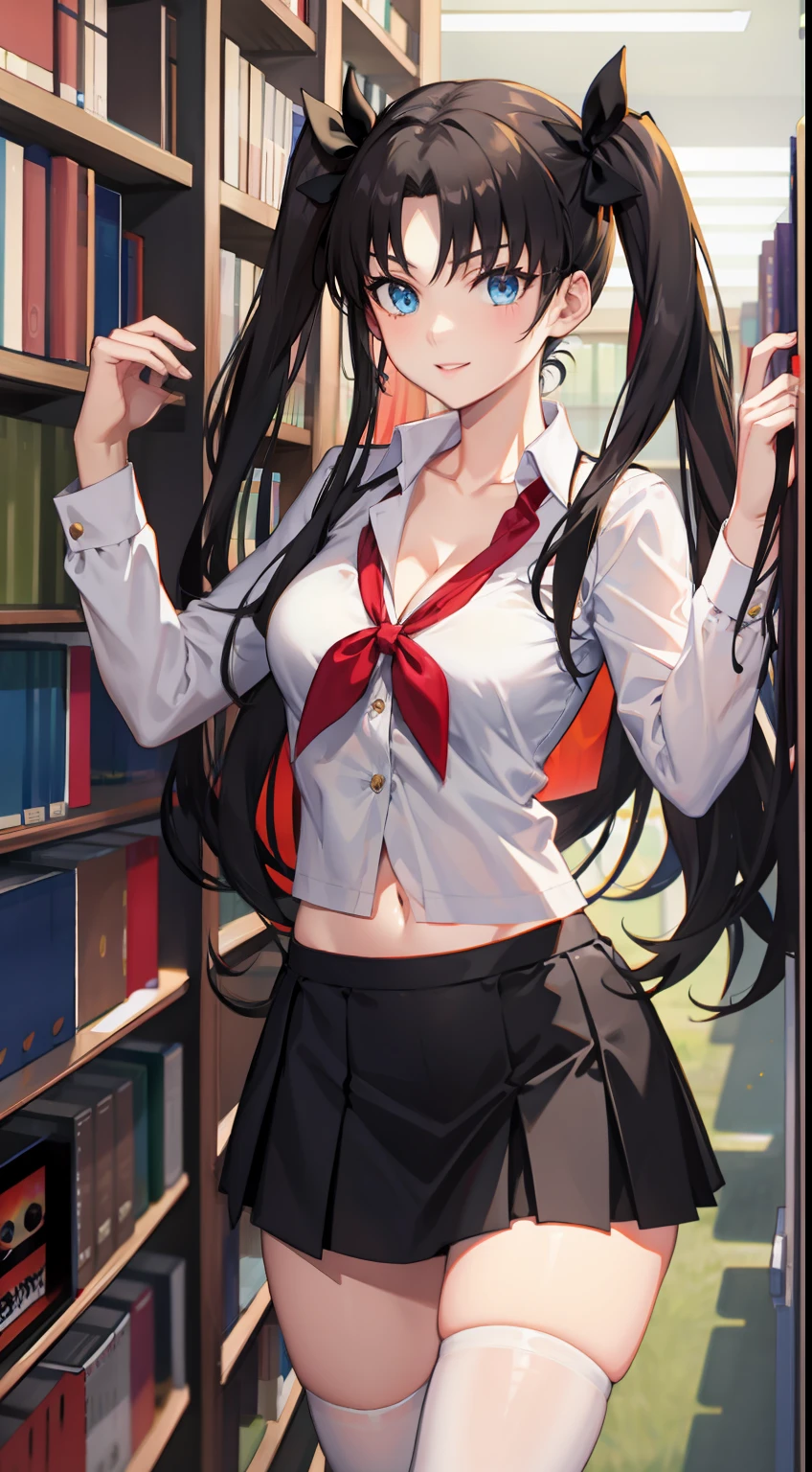 long hair, black hair, medium breast, slim legs, happy, cleavage, short skirt, rin tohsaka, twin tail, navel, blue eyes, school uniform, thigh high socks, standing, library