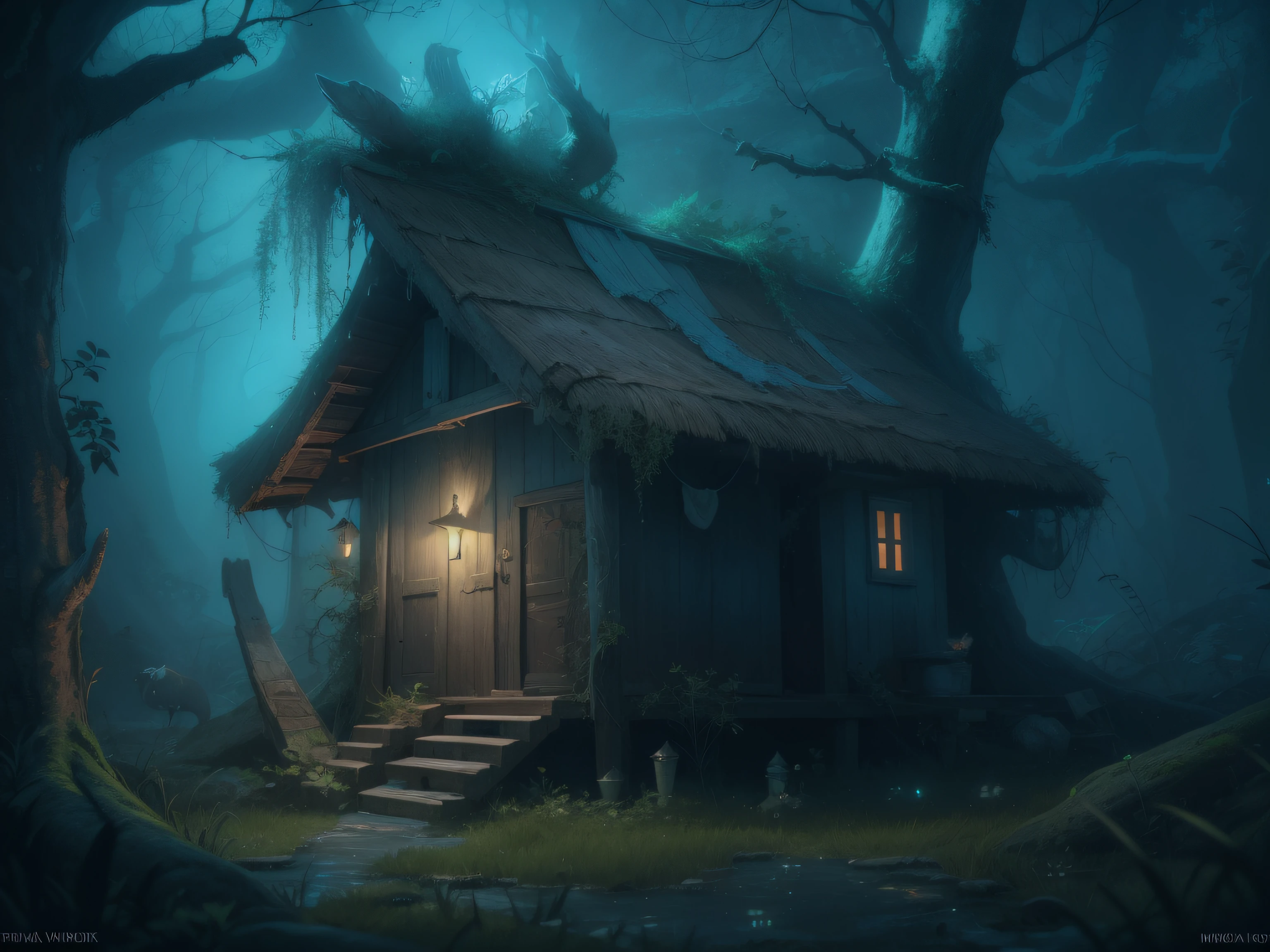 Fairy tale: Baba Yaga's uncanny boarded-up dark hut stands on chicken legs in a mysterious enchanted forest, very strange animals roam nearby, swamp, blue fog, mysticism, mysterious setting, close-up, full frame, three-dimensional cinematic lighting, edge lighting, incredible natural environment, digital painting, digital art, masterpiece