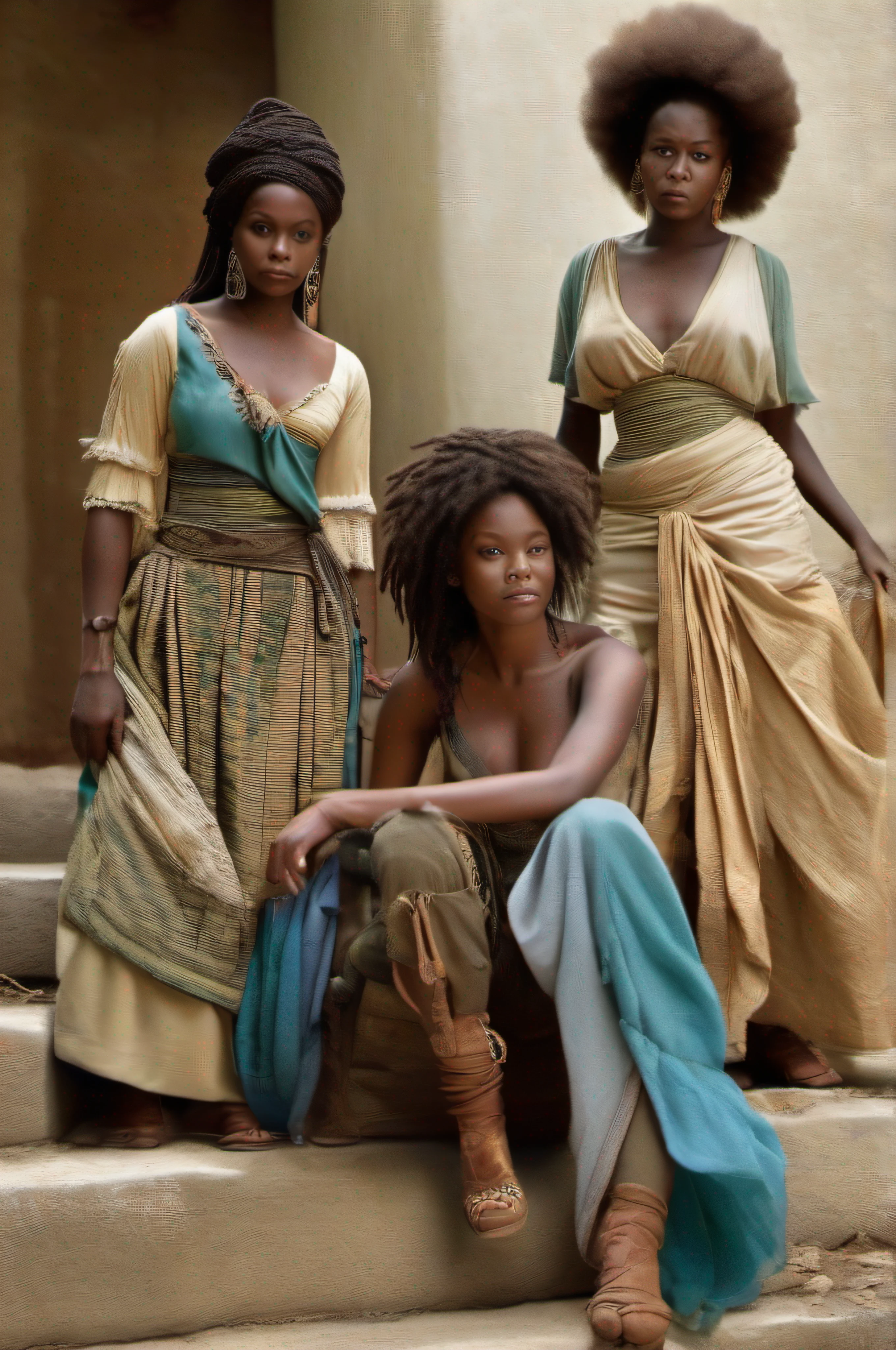 Cinq femmes esclaves africains nus descendant un escalier, tristesse dans ses yeux, corps entier nu, no clothe, pas de coiffe, cheveux noirs, Dynamic scene from the movie Amistad, looking at the 50mm camera, Realistic photo HD, Diffuse light, Rebel Republic Environment, , hyper detailed, Whole size