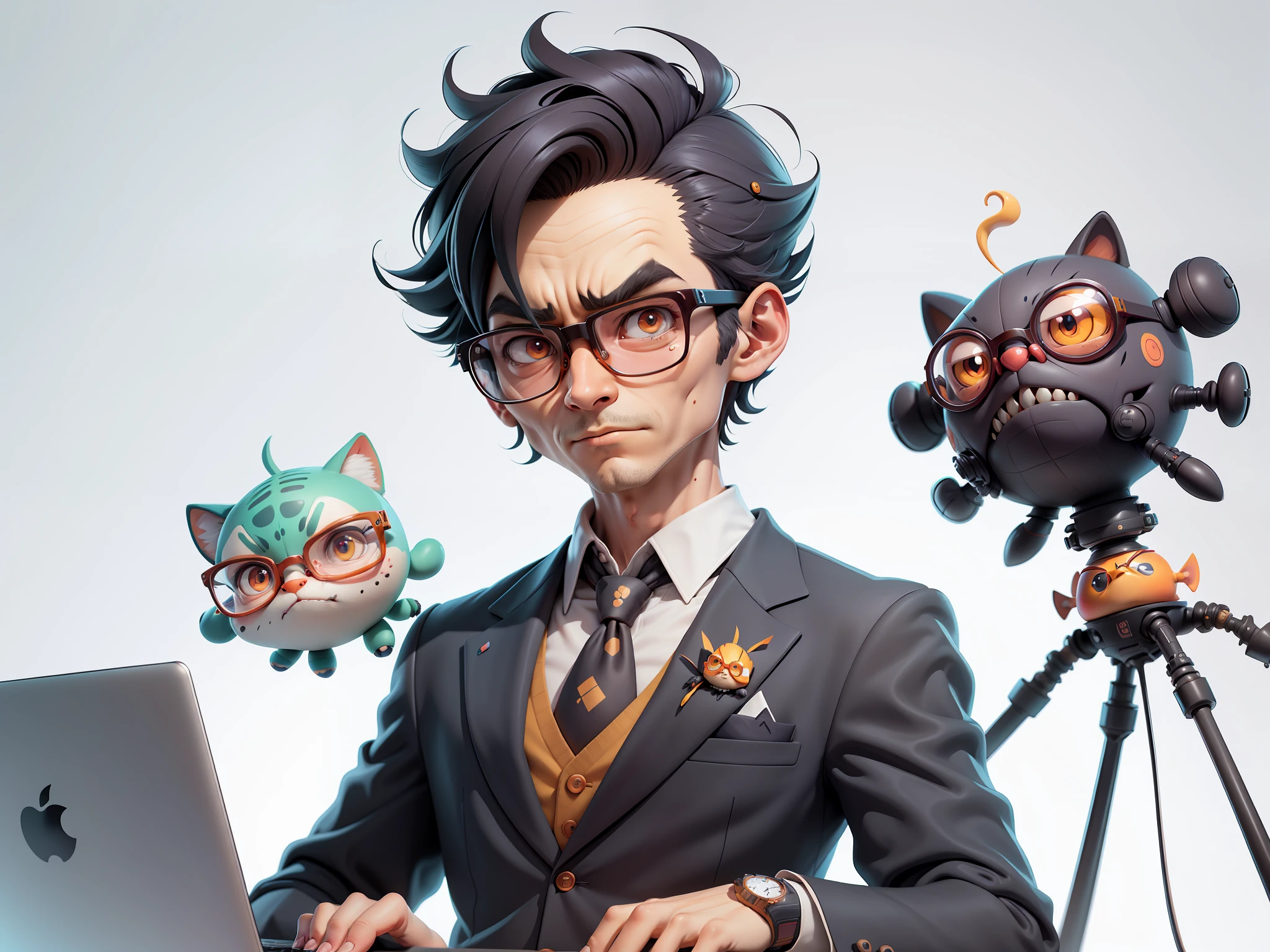 A young man in a suit, Short hair and glasses sat at his desk，holding laptop，digitial painting，tigre，3D character design by Mark Clairen and Pixar and Hayao Miyazaki and Akira Toriyama，4K HD illustration，Very detailed facial features and cartoon-style visuals。