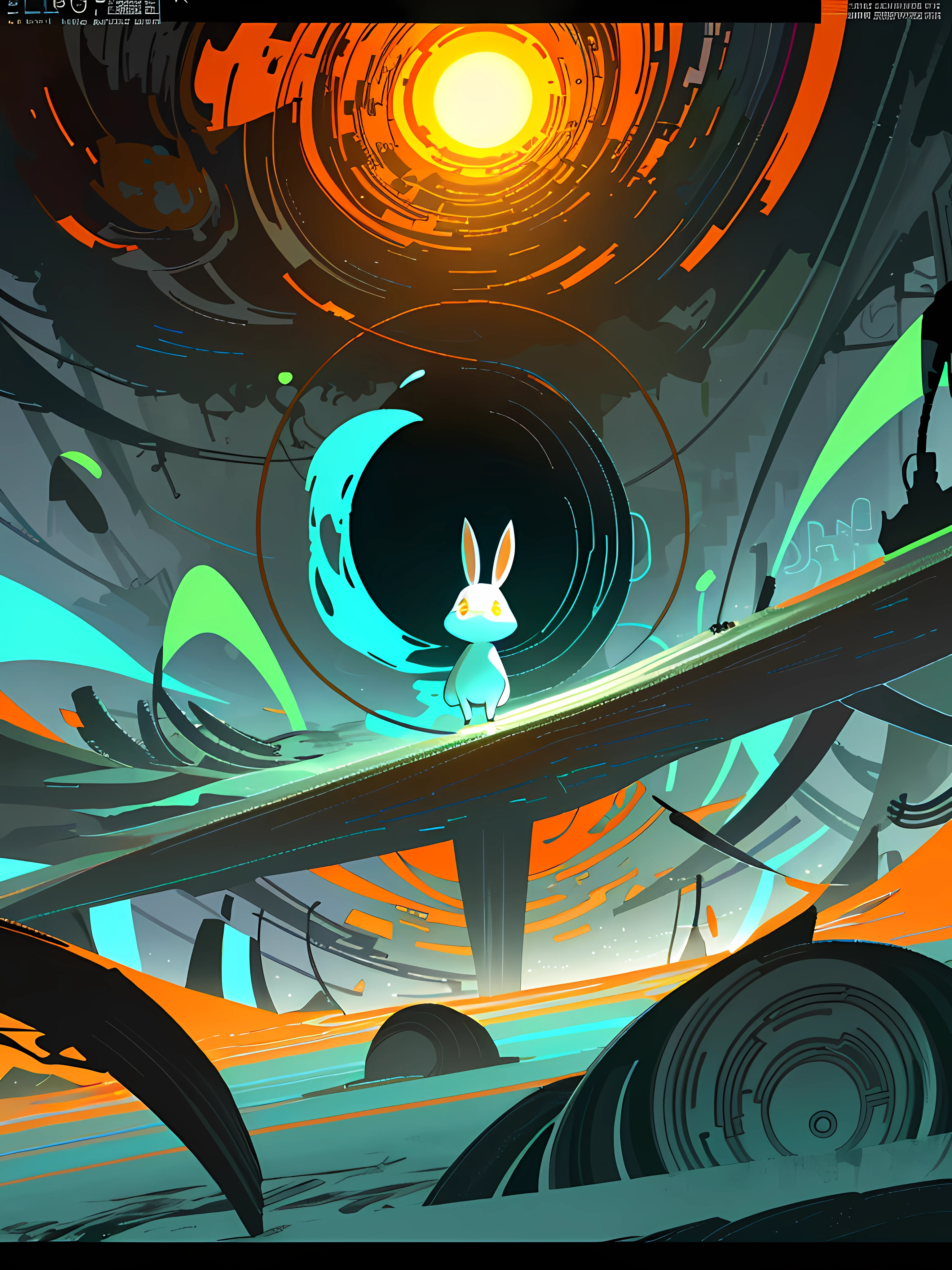 (blame! style abandoned tech landscape), (Zen, Amy Sol style), (like a tunnel that you follow to a tunnel of its own down a hollow in a cavern where the sun has never shone), (underground, dark, foggy, perilous, abandoned dystopian chamber, deeper than did ever plummet sound), (abstract anthro rabbit figure wearing bunny ears), cover art with light abstraction, abstract, simple vector art, contemporary Cybernetic art, color gradients, soft color palettes, layered forms, whimsical animation, style Ethereal abstract, 4K, --v6