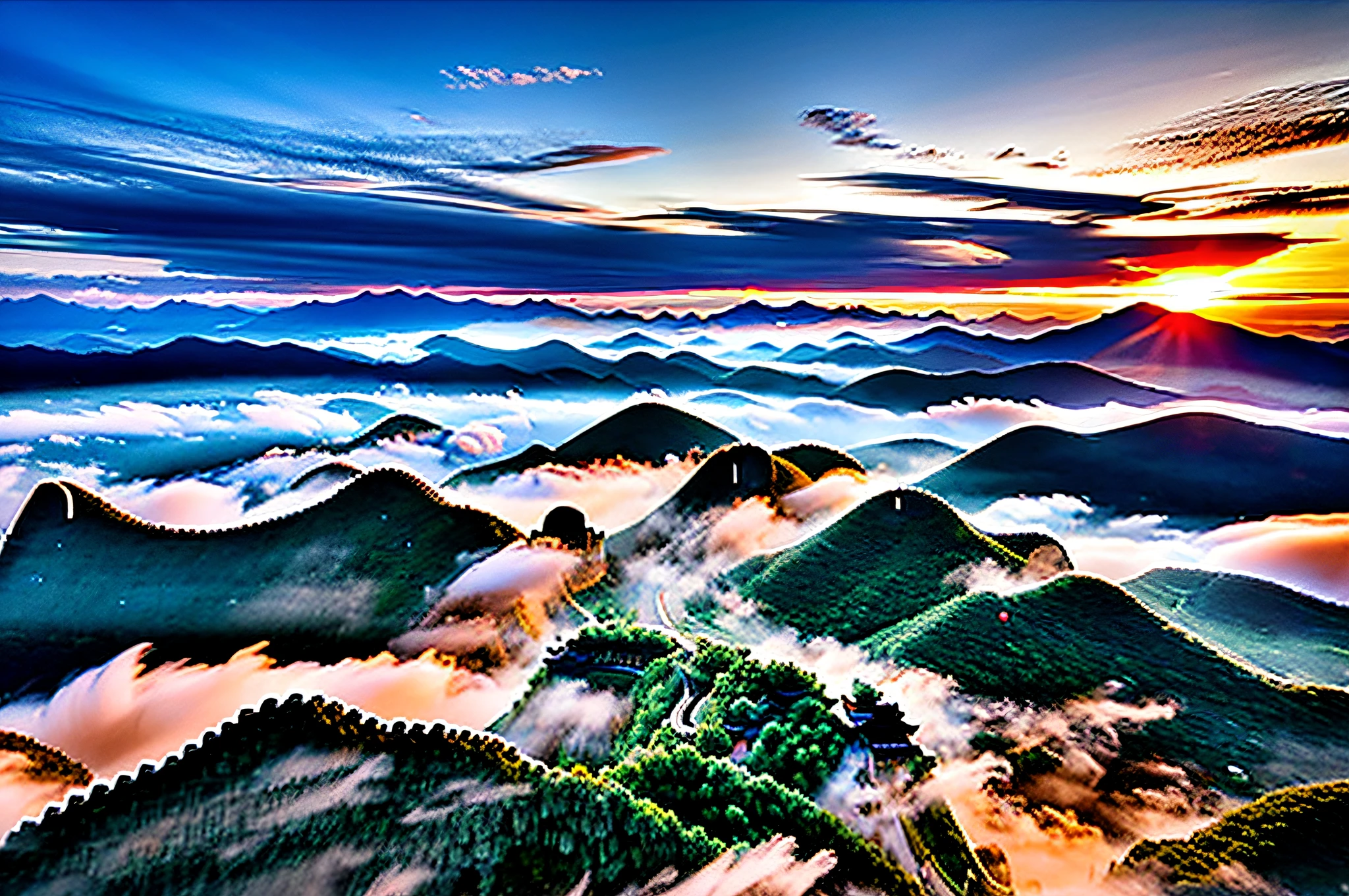 Shandong Penglai Pavilion beautiful scenery,Sea of Clouds,Sunrise,Clouds in the mountains,Mountains in the clouds,Aerial photography,Super high definition,Surreal,16k --ar 3:4