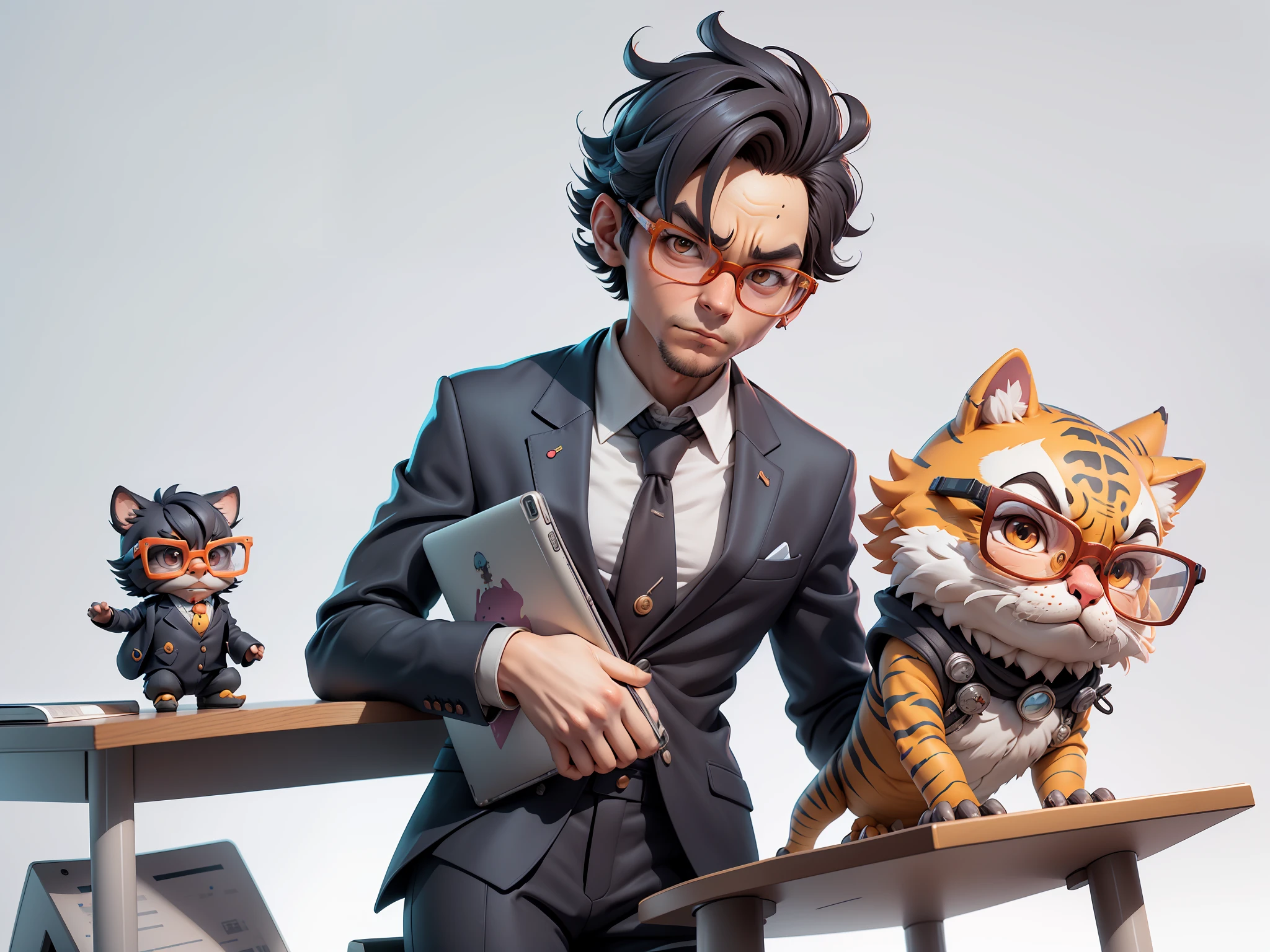 A young man in a suit, Short hair and glasses sat at his desk，holding laptop，digitial painting，tigre，3D character design by Mark Clairen and Pixar and Hayao Miyazaki and Akira Toriyama，4K HD illustration，Very detailed facial features and cartoon-style visuals。