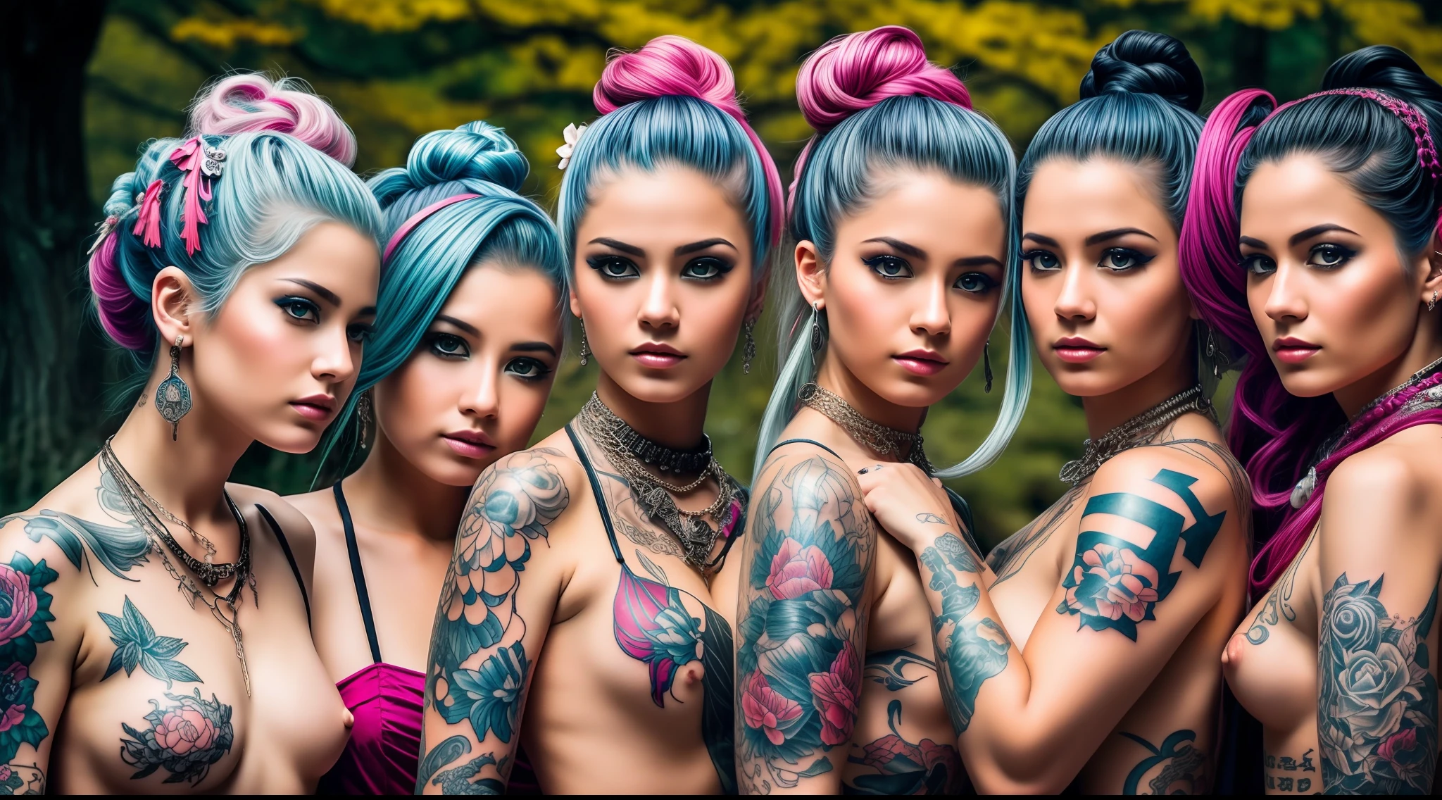 Punk-rococo-tattoo-ukiyo-e style. A selfie of some very pretty young women with a Nordic appearance. Llevan un estilo urbano, con collares, Cadenas, Anillos gruesos, Peinados coloridos y ropa militar modificada con parches coloridos. They are in a park right next to a paved area. Realismo extremo, Detalles locos, intricate composition, cinematic quality, perfect photography, Colores sublimes.