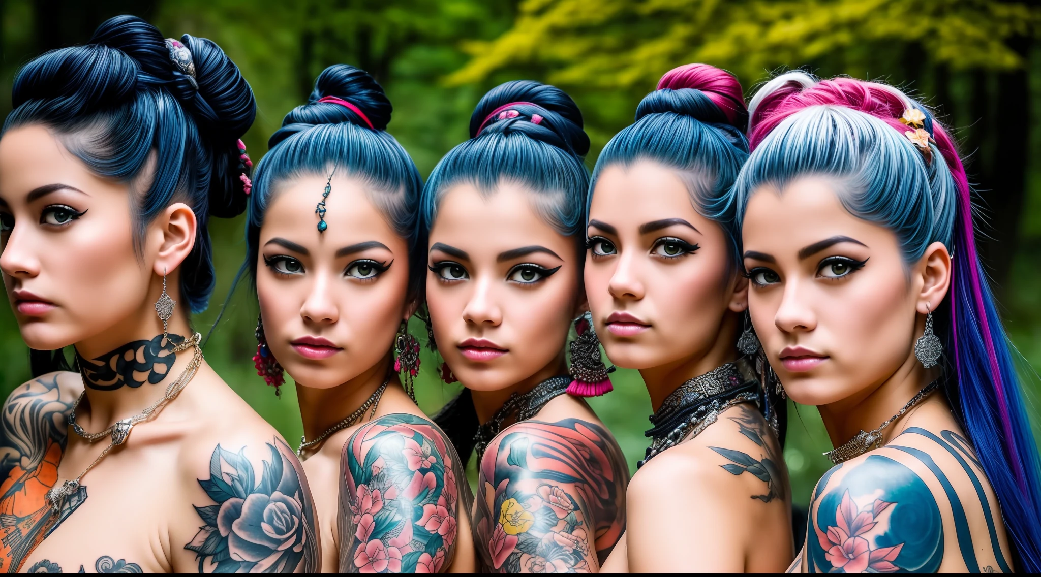 Punk-rococo-tattoo-ukiyo-e style. A selfie of some very pretty young women with a Nordic appearance. Llevan un estilo urbano, con collares, Cadenas, Anillos gruesos, Peinados coloridos y ropa militar modificada con parches coloridos. They are in a park right next to a paved area. Realismo extremo, Detalles locos, intricate composition, cinematic quality, perfect photography, Colores sublimes.
