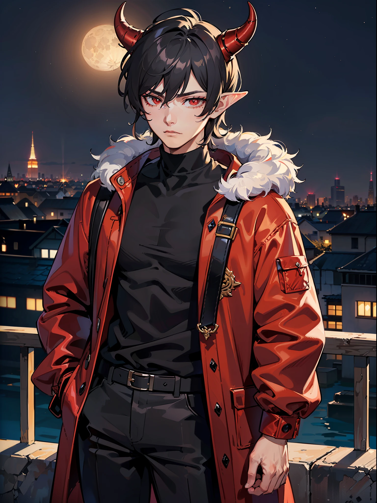 ((highest quality, masterpiece, 4k, finely detailed, detailed eyes, detailed face, intricate details, gelbooru, pixiv)), warm lighting, idol, super idol, super model ((solo)), 1 male, (handsome, masculine, adult man, broad shoulders, tall guy, thin body), ((black hair, messy hair, short hair, bangs)), light skin, sharp features, (elf ears), ((baggy clothes, oversized clothes)), ((demon horns color fading from black to red)), ((sharp eyes, red eye color, tired expression, looking at viewer)), dynamic pose, city background, night sky, moon night, turtleneck sweater, loose pants, oversized parka