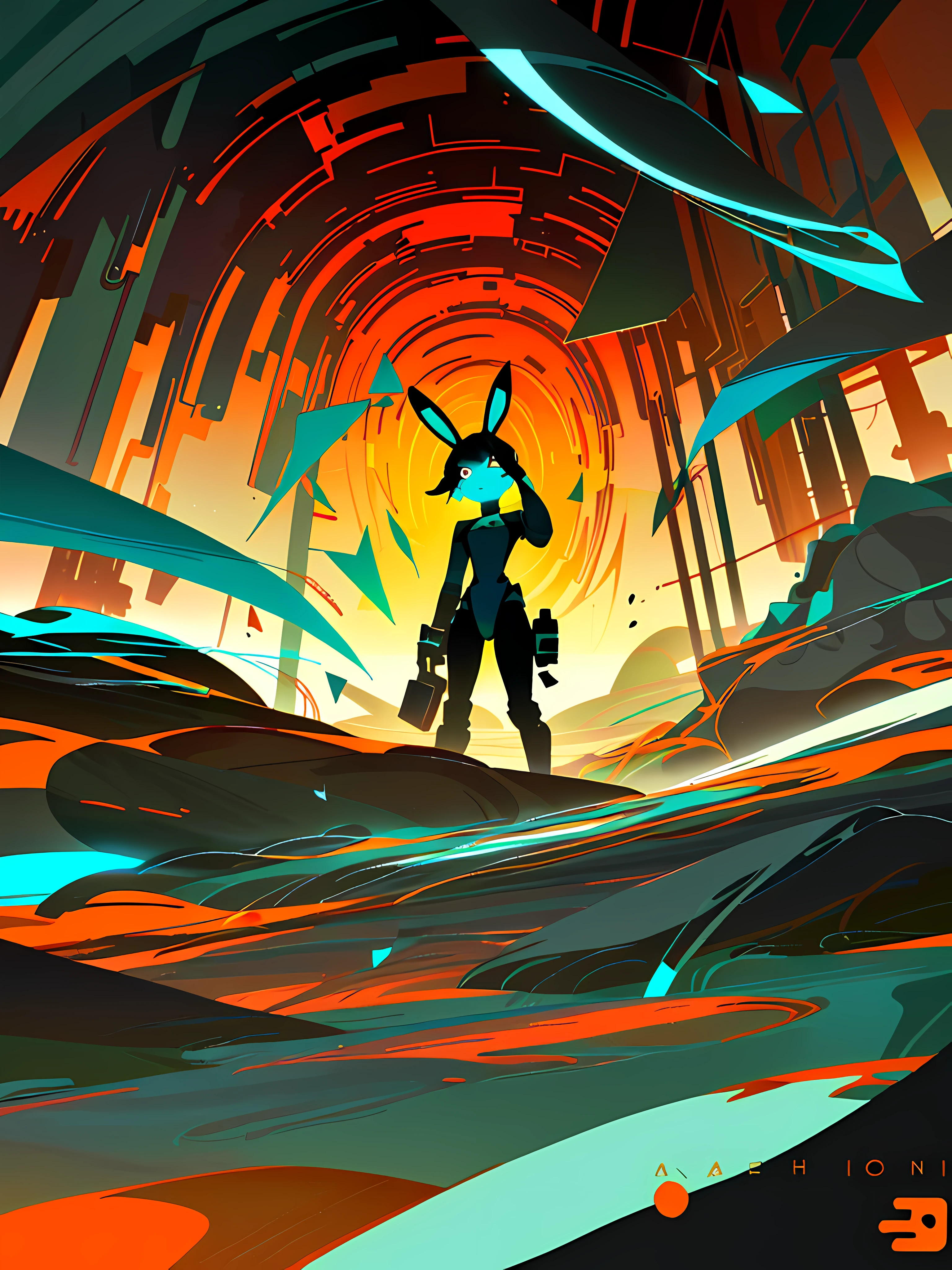(blame! style abandoned tech landscape), (Zen, Amy Sol style), (like a tunnel that you follow to a tunnel of its own down a hollow in a cavern where the sun has never shone), (underground, dark, foggy, perilous, abandoned dystopian chamber, deeper than did ever plummet sound), (abstract anthro rabbit figure wearing bunny ears), cover art with light abstraction, abstract, simple vector art, contemporary Cybernetic art, color gradients, soft color palettes, layered forms, whimsical animation, style Ethereal abstract, 4K, --v6