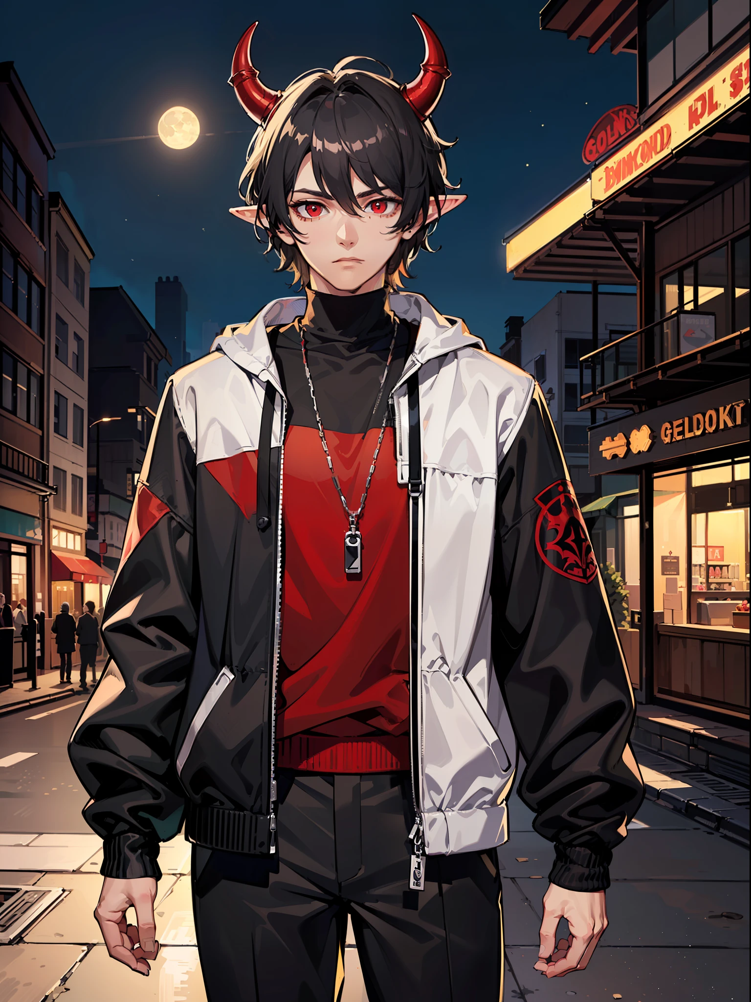 ((highest quality, masterpiece, 4k, finely detailed, detailed eyes, detailed face, intricate details, gelbooru, pixiv)), warm lighting, idol, super idol, super model ((solo)), 1 male, (handsome, masculine, adult man, broad shoulders, tall guy, thin body), ((black hair, messy hair, short hair, bangs)), light skin, sharp features, (elf ears), ((baggy clothes, oversized clothes)), ((demon horns color fading from black to red)), ((sharp eyes, red eye color, tired expression, looking at viewer)), dynamic pose, city background, night sky, moon night, turtleneck sweater, loose pants, oversized parka