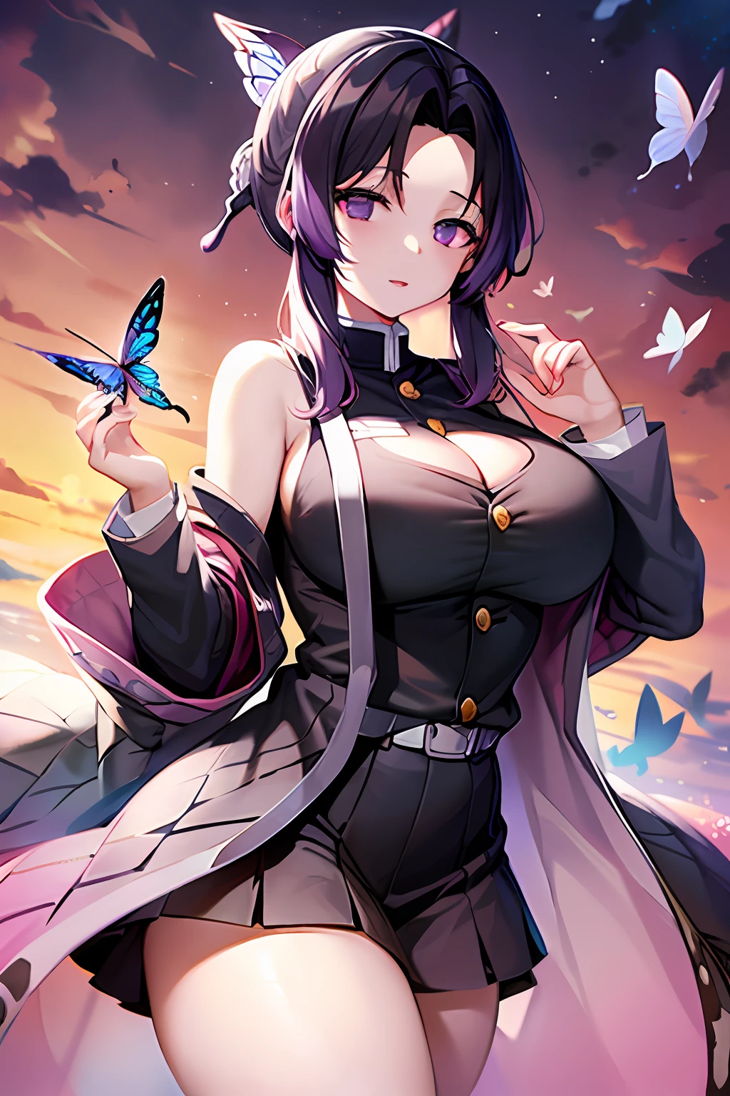 Kochou Shinobu, 1girl,masterpiece, multicolored hair,sleeveless, purple eyes, black jacket,black skirt,uniform, white haori, , multiple butterflies, , laked sunset, lens flare, perfect lighting, highest quality, hands behind, thick thighs, large breasts, big cleavage, highest quality, high resolution.