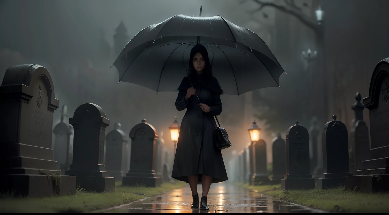 fotorrealista, melhor qualidade, obra-prima, Rainy cemetery, gato preto tema escuro, luz fraca, nether, chthonian, Melancholy woman in the background with ultra realistic umbrella best quality cinematic lighting