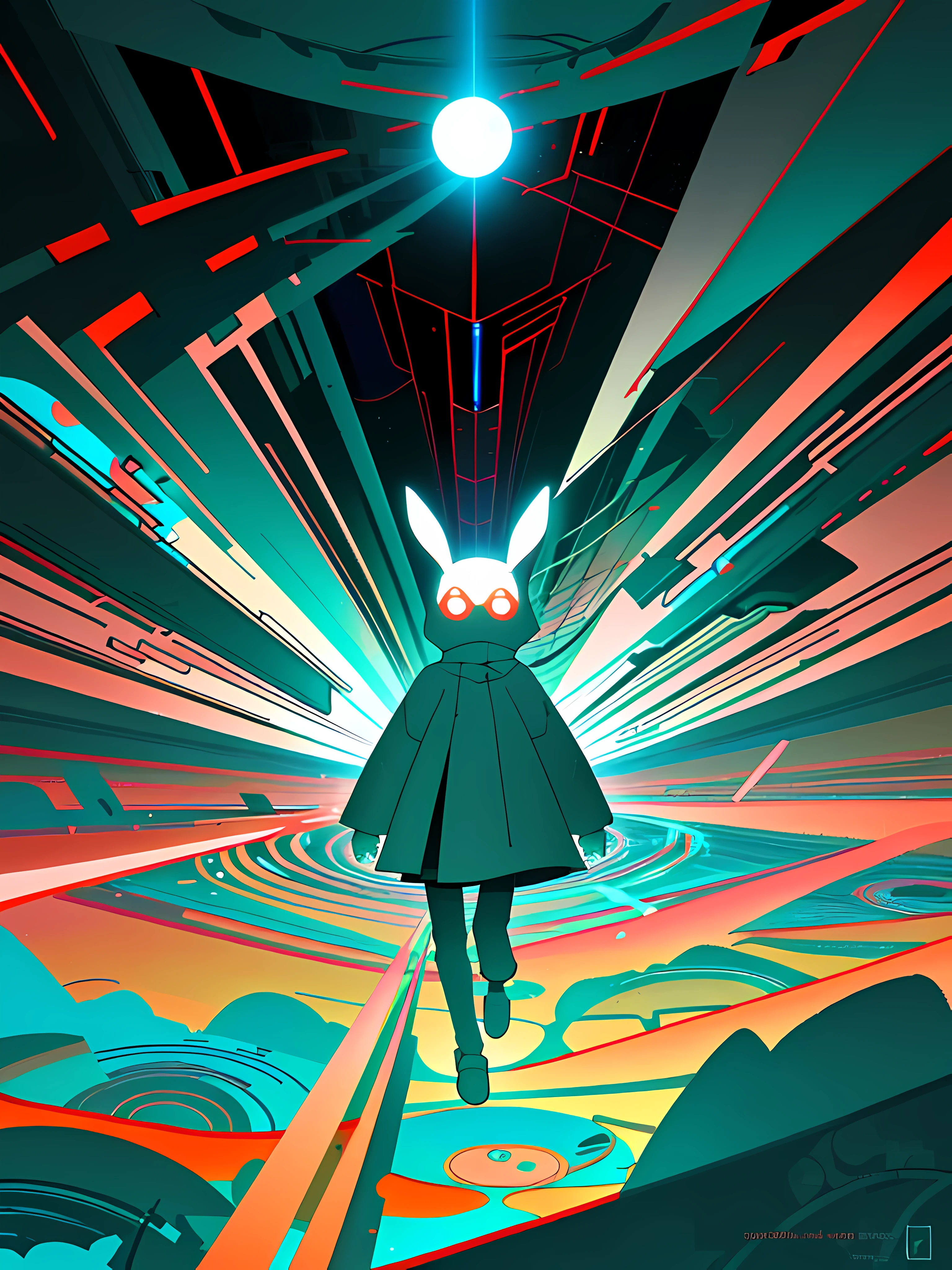 (blame! style abandoned tech landscape), (Zen, Amy Sol style), (like a tunnel that you follow to a tunnel of its own down a hollow in a cavern where the sun has never shone), (underground, dark, foggy, perilous, abandoned dystopian chamber, deeper than did ever plummet sound), (abstract anthro rabbit figure wearing bunny ears), cover art with light abstraction, abstract, simple vector art, contemporary Cybernetic art, color gradients, soft color palettes, layered forms, whimsical animation, style Ethereal abstract, 4K, --v6