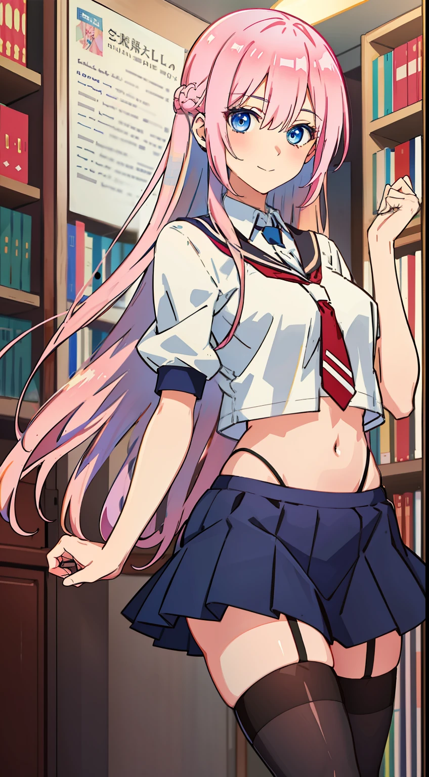 shikimori, slim legs, navel, short skirt, standing, beautiful eyes, blue eyes, happy, school uniform, library, pink hair, long hair, thigh high socks