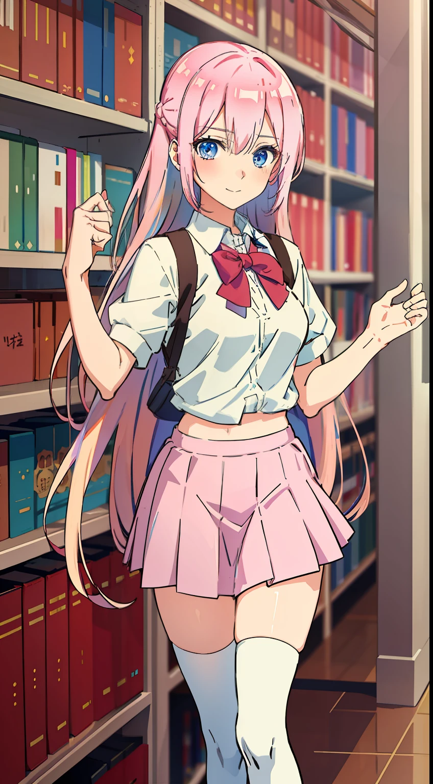 shikimori, slim legs, navel, short skirt, standing, beautiful eyes, blue eyes, happy, school uniform, library, pink hair, long hair, thigh high socks