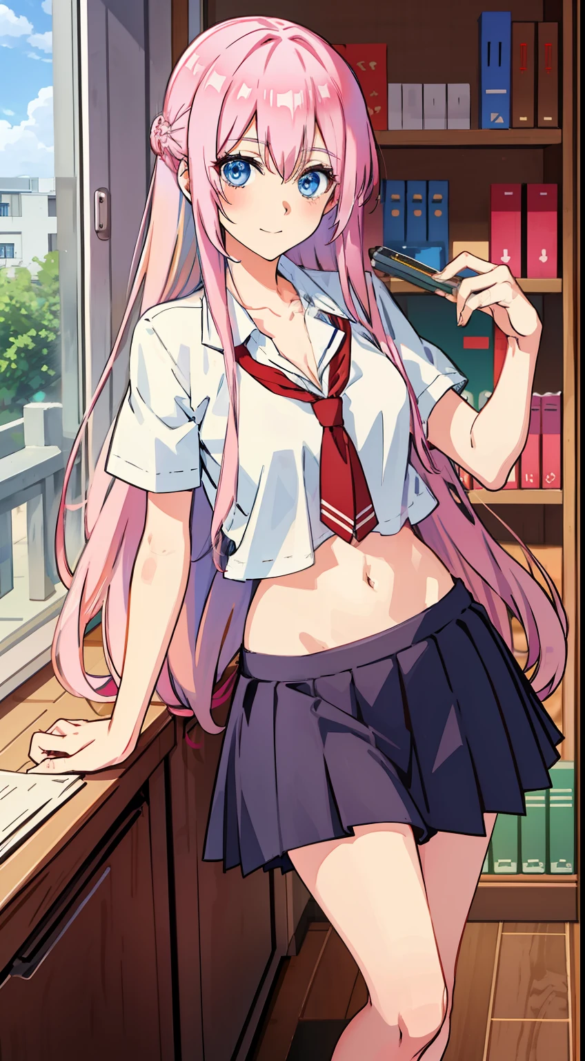shikimori, slim legs, navel, short skirt, standing, beautiful eyes, blue eyes, happy, school uniform, library, pink hair, long hair