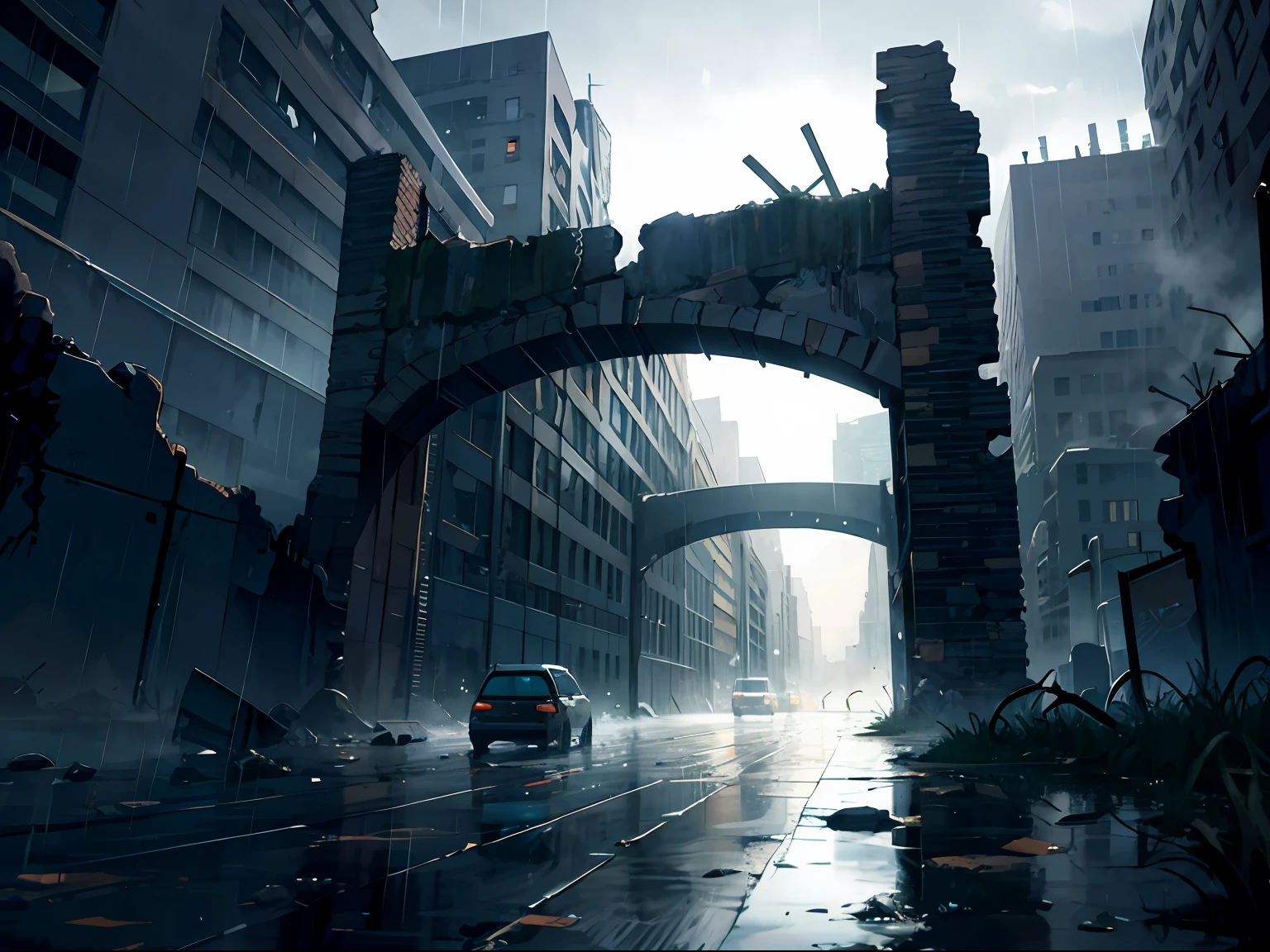HD clear,Optimal image,Illustration quality,Super detailed,Doomsday world,city ruins,overcast sky,raining day,There was a mist